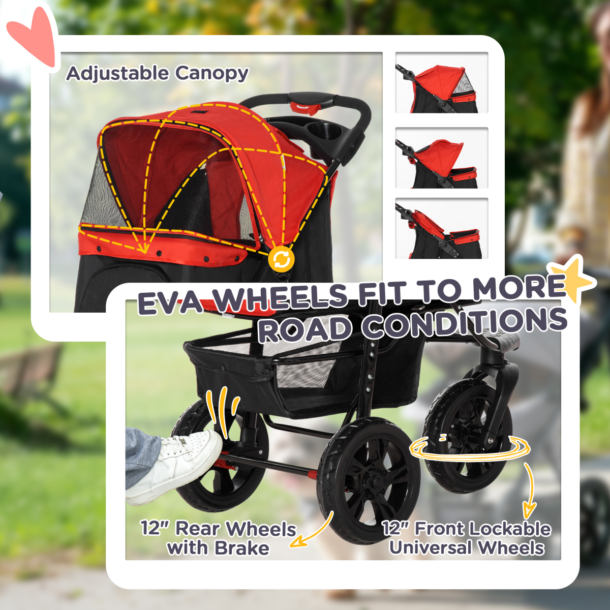 PawHut Folding 3-Wheel Pet Stroller with Adjustable Canopy, Brake and Storage Basket – Small Dog Pushchair