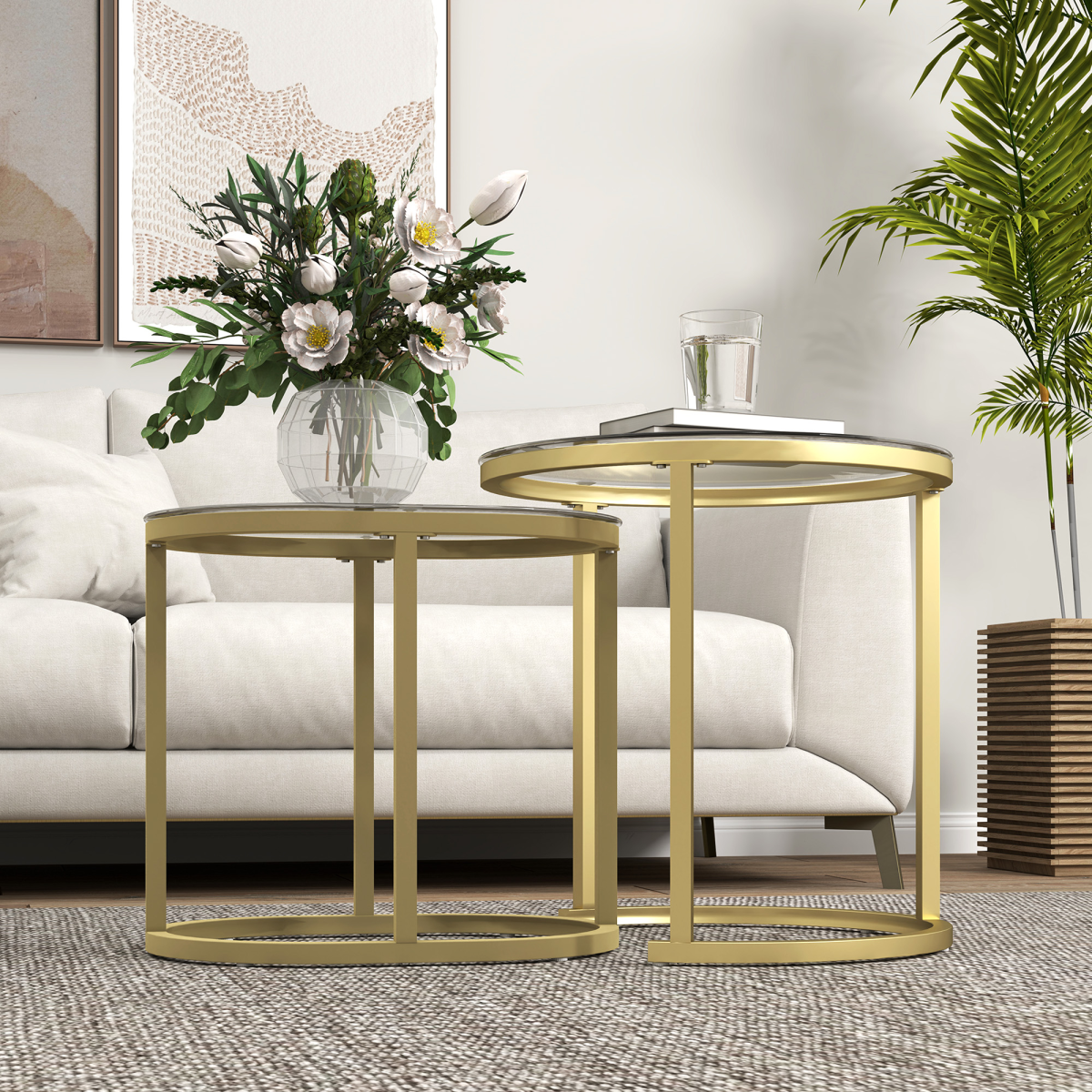 HOMCOM Glass Accent Table Set with Gold Tone Steel Frames – Round & Oblong Side Tables, Clear Tempered Glass