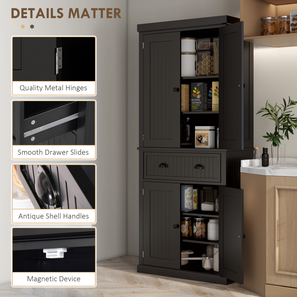 Freestanding Kitchen Storage Cabinet with Drawers, Cupboards & Adjustable Shelves – Open Appliance Space, Black