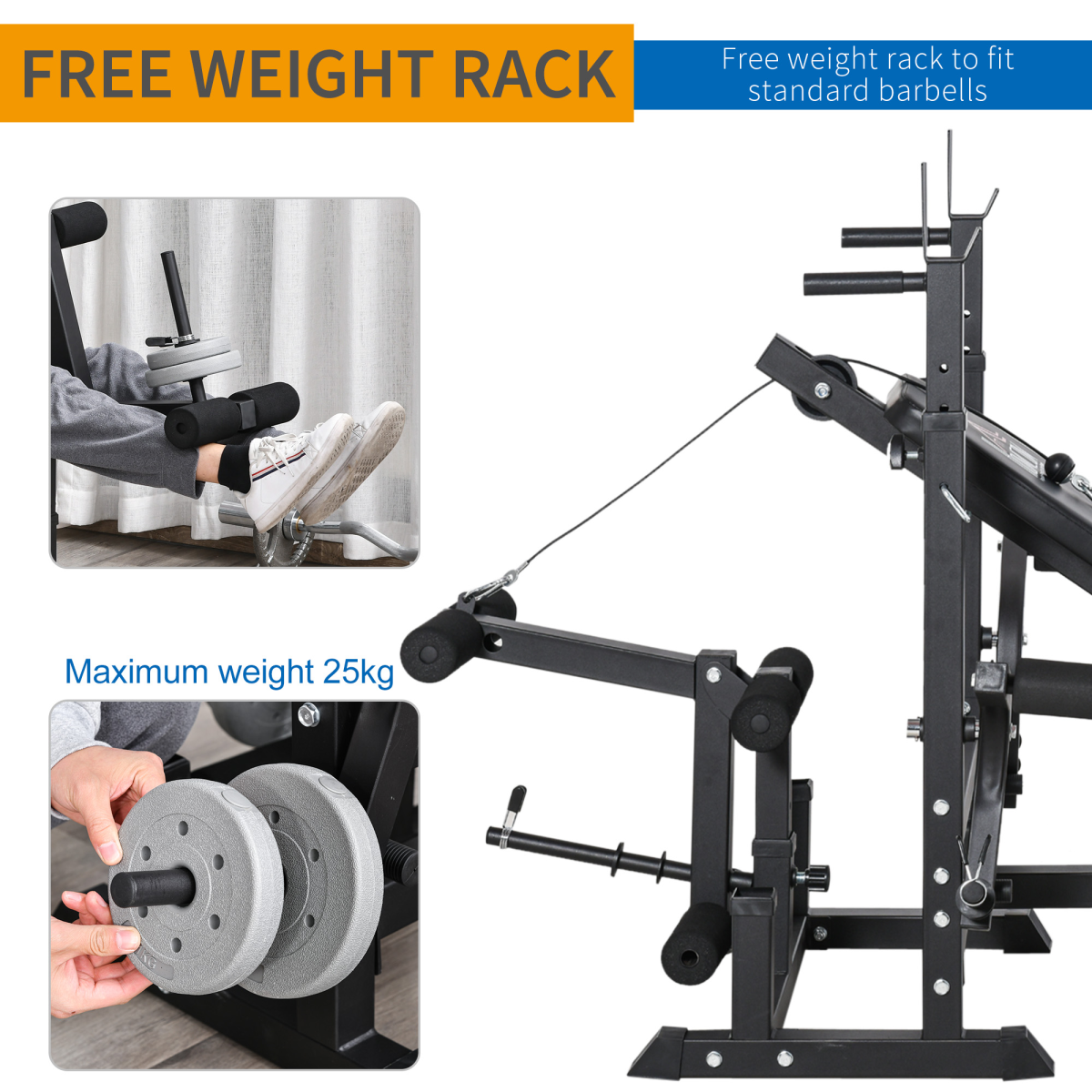 HOMCOM Multi-Exercise Weight Bench with Barbell Rack, Preacher Curl, Leg Extension & Resistance Bands