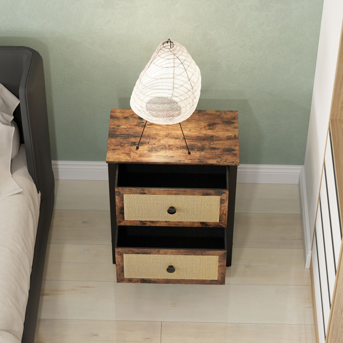 HOMCOM Bedside Table with 2 Rattan Drawers, Steel Legs and Adjustable Feet – Bedroom Storage, Rustic Brown