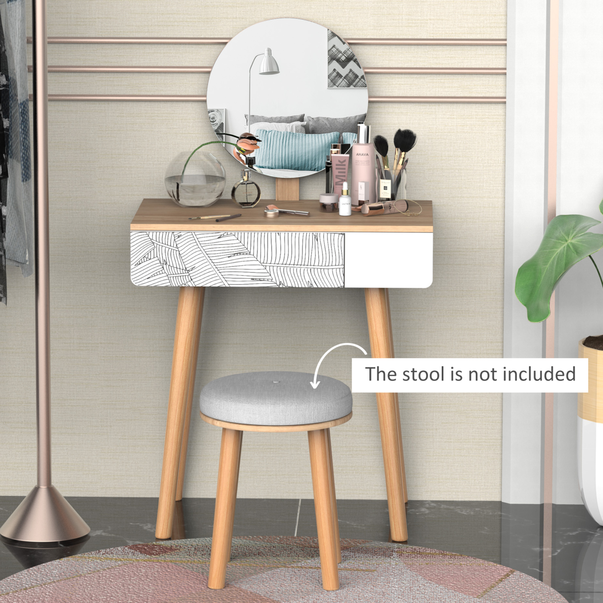 HOMCOM Nordic Dressing Table with Adjustable Round Mirror and Large Drawer – Solid Wood Vanity, Brown/White