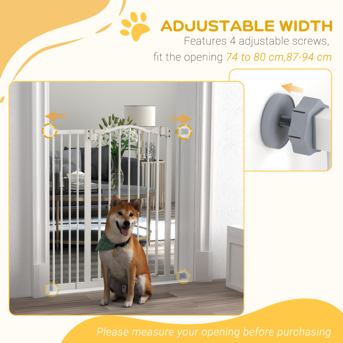PawHut Adjustable Metal Pet Gate, 74–94cm Safety Barrier with Auto-Close Door – Dog Stair Gate, White