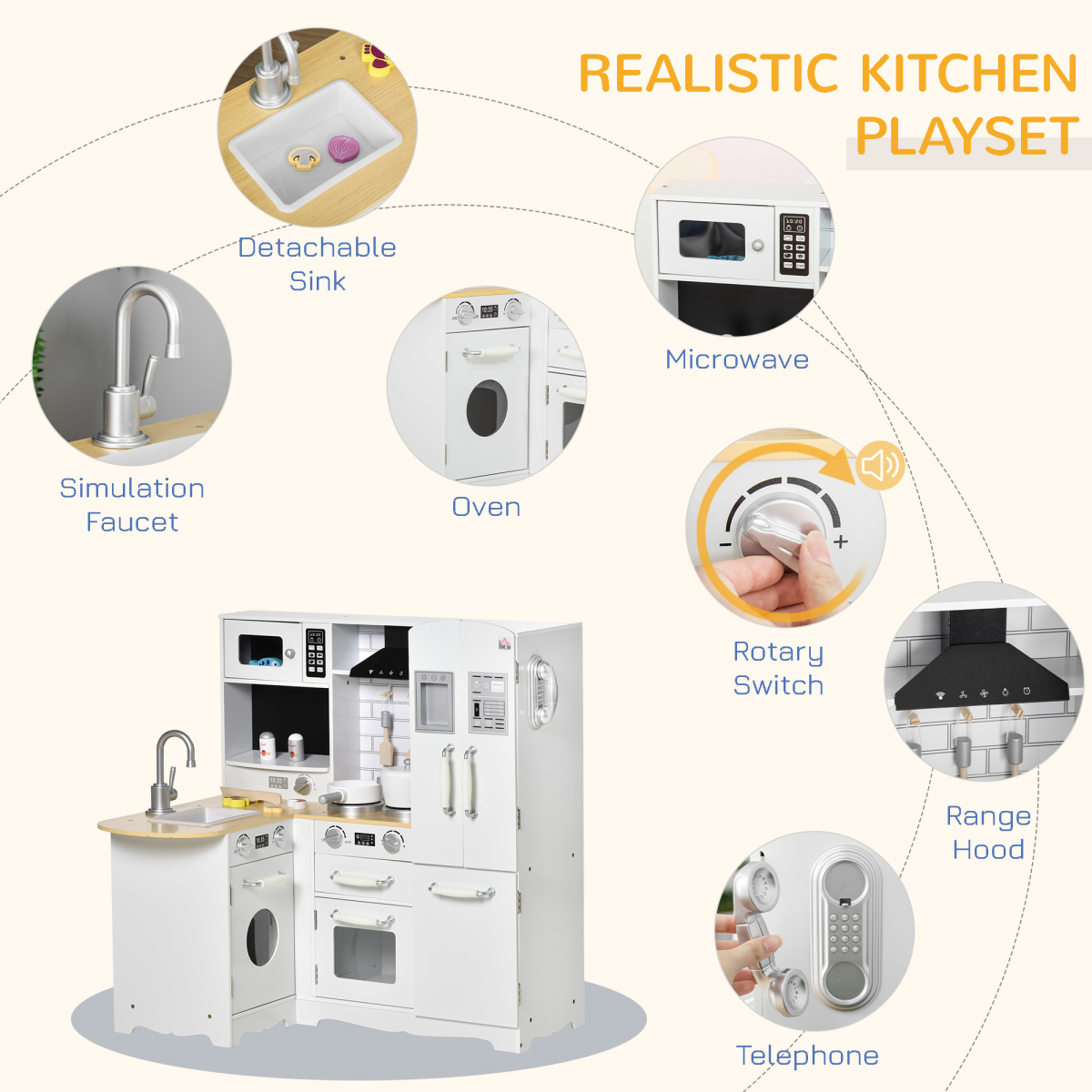 HOMCOM Large Kids Kitchen Playset with Fridge, Microwave and Sink – Role Play Toy Kitchen, White