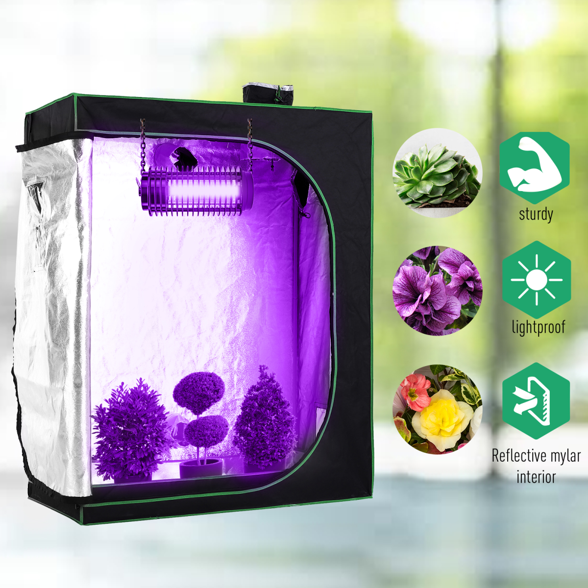 Outsunny Hydroponic Grow Tent with Reflective Mylar Lining & Floor Tray – 120L x 60W x 150H cm