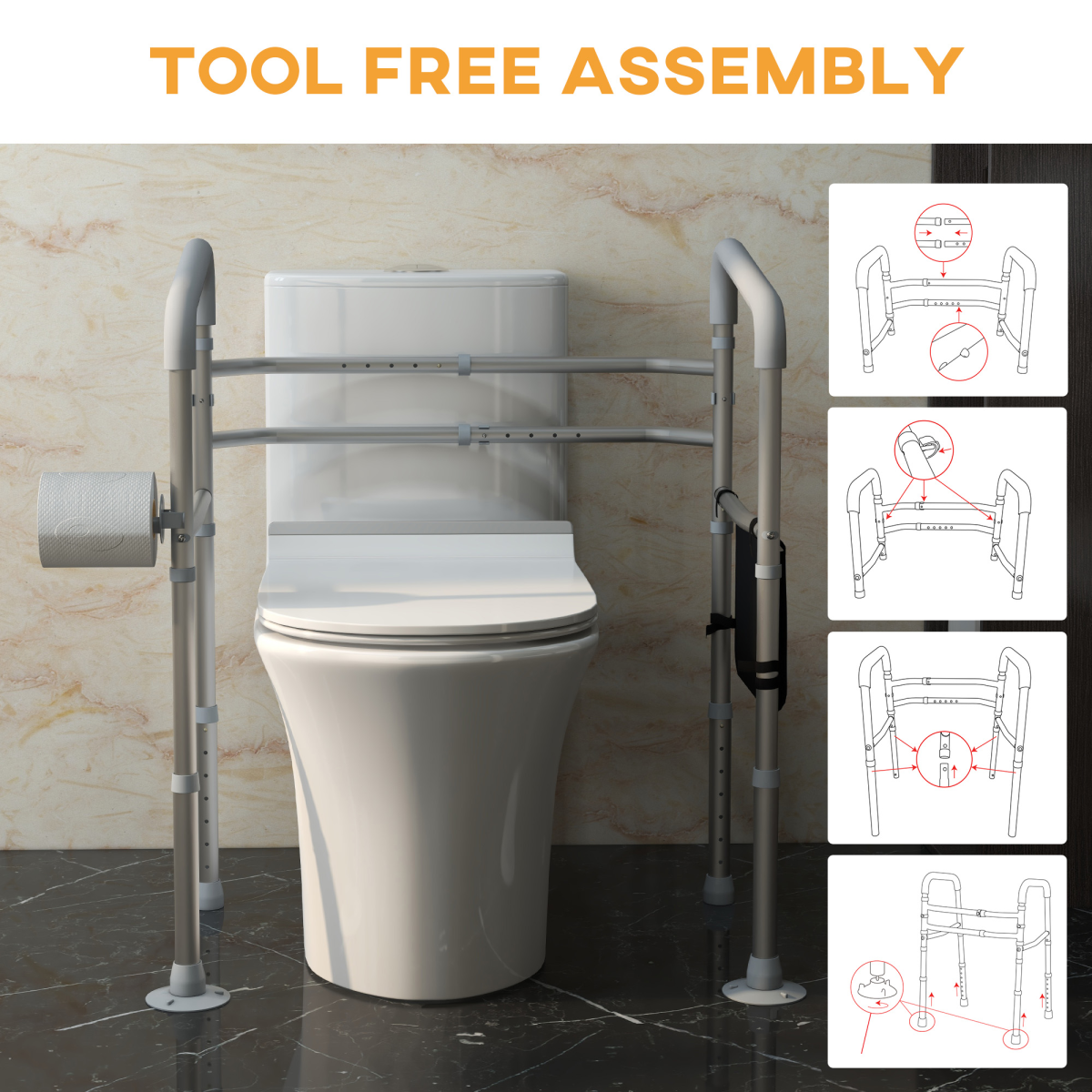 HOMCOM Adjustable Toilet Safety Frame with Padded Arms, Paper Holder and Side Pocket – Aluminium Bathroom Aid