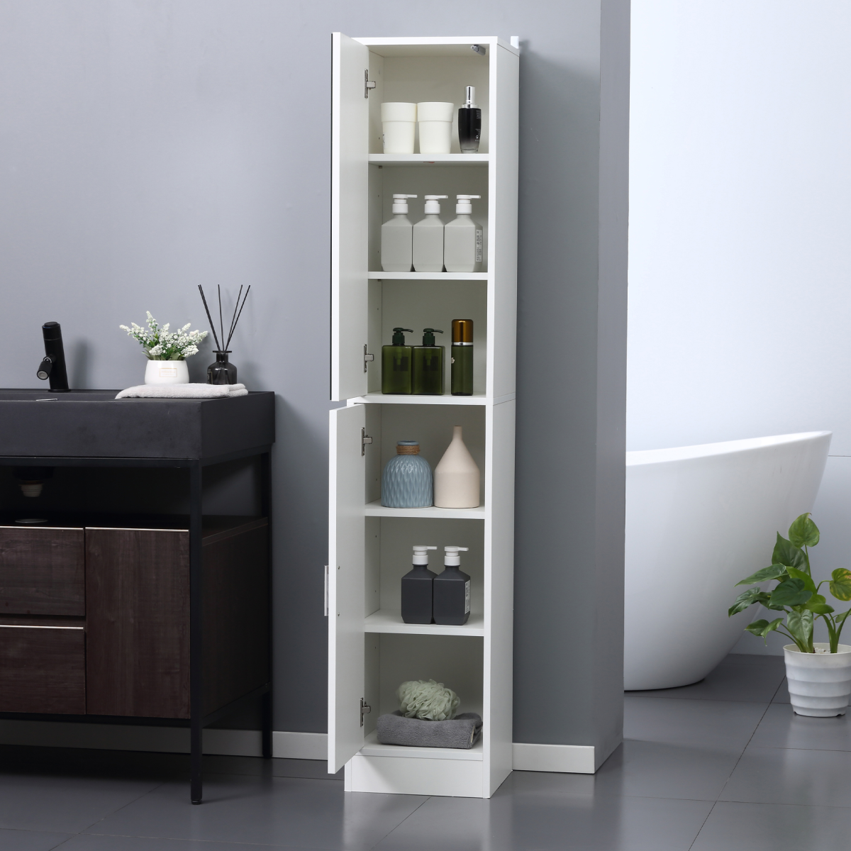 kleankin Slim Mirrored Tallboy Bathroom Cabinet with 5 Shelves – Space-Saving Storage, White