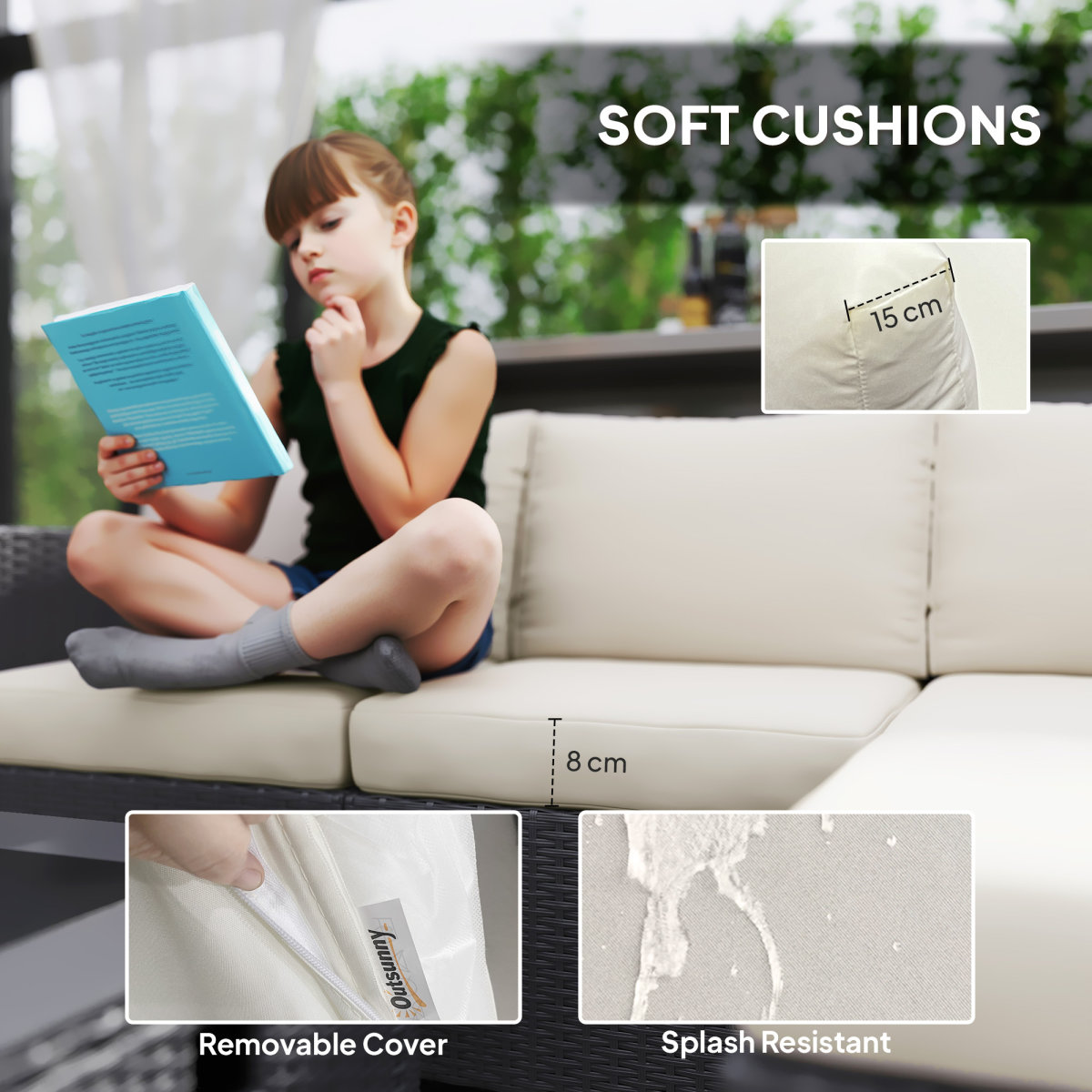 Outsunny 4 Seater Rattan Sofa Set with Fire Pit Table, Footstool and Thick Cushions – Garden Lounge, Black and Cream