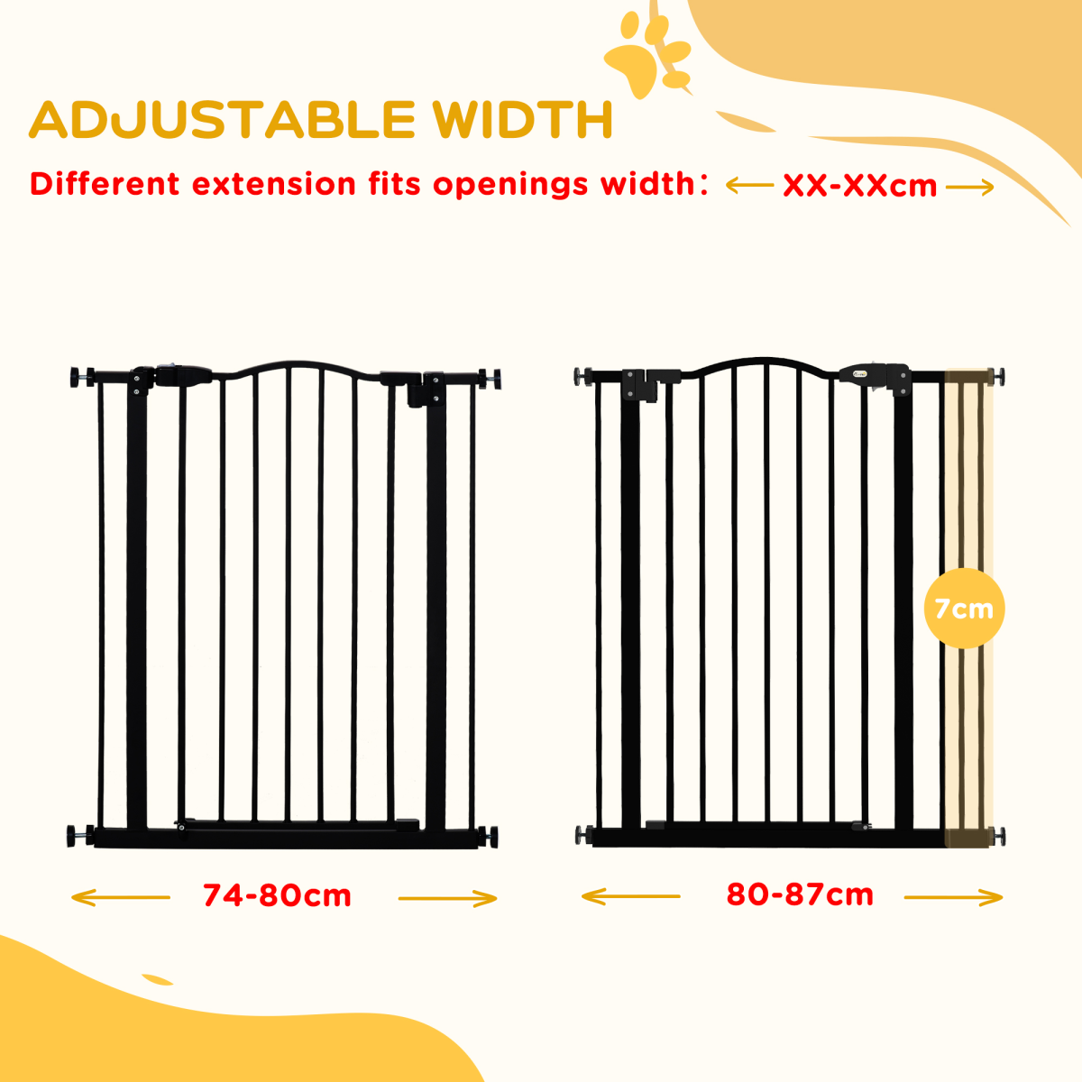 PawHut Adjustable Metal Pet Gate, 74–87cm, with Auto-Close Door & Double Lock – Dog Safety Barrier, Black