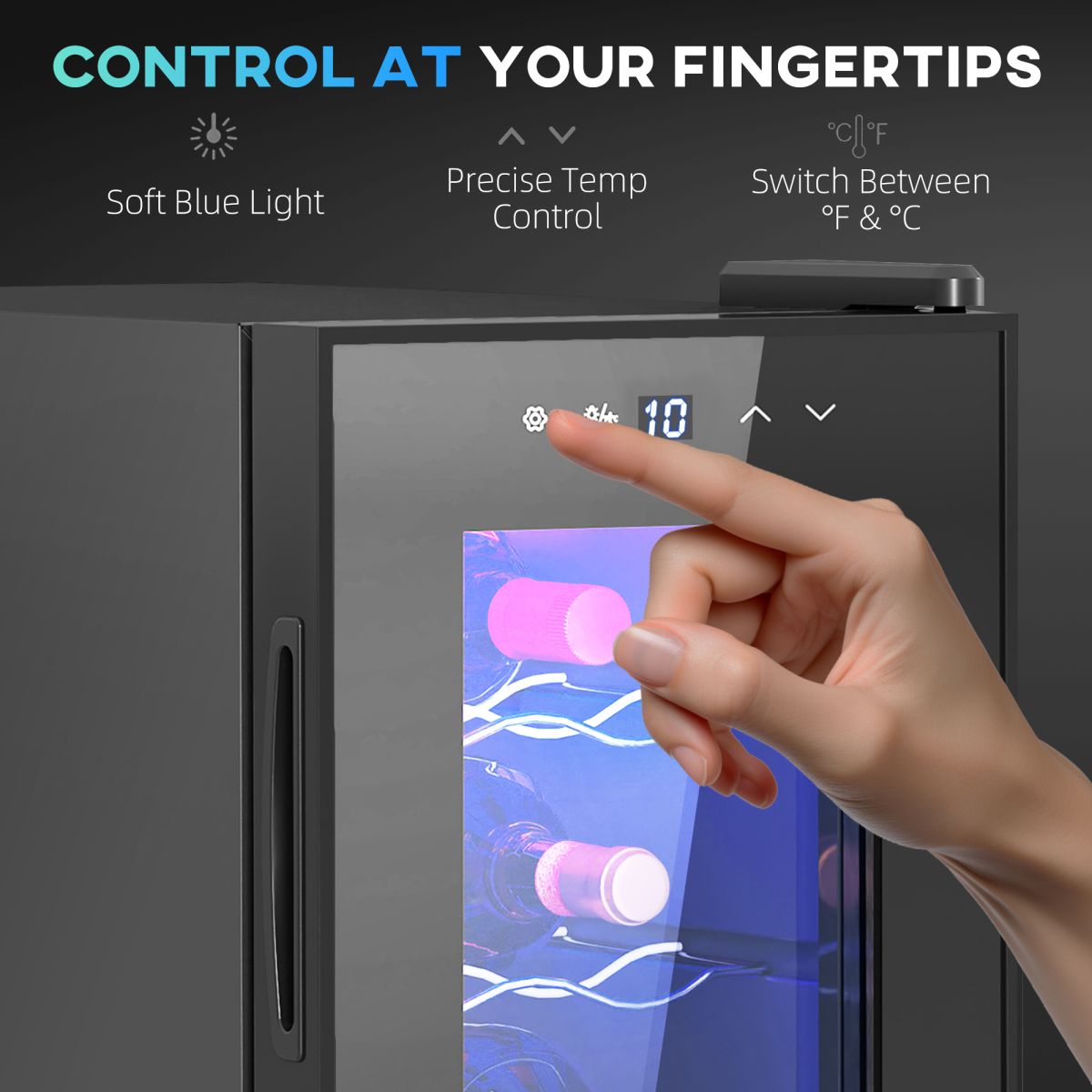 HOMCOM 6 Bottle Mini Wine & Beer Fridge with Glass Door & Touch Controls – Compact Drinks Cooler