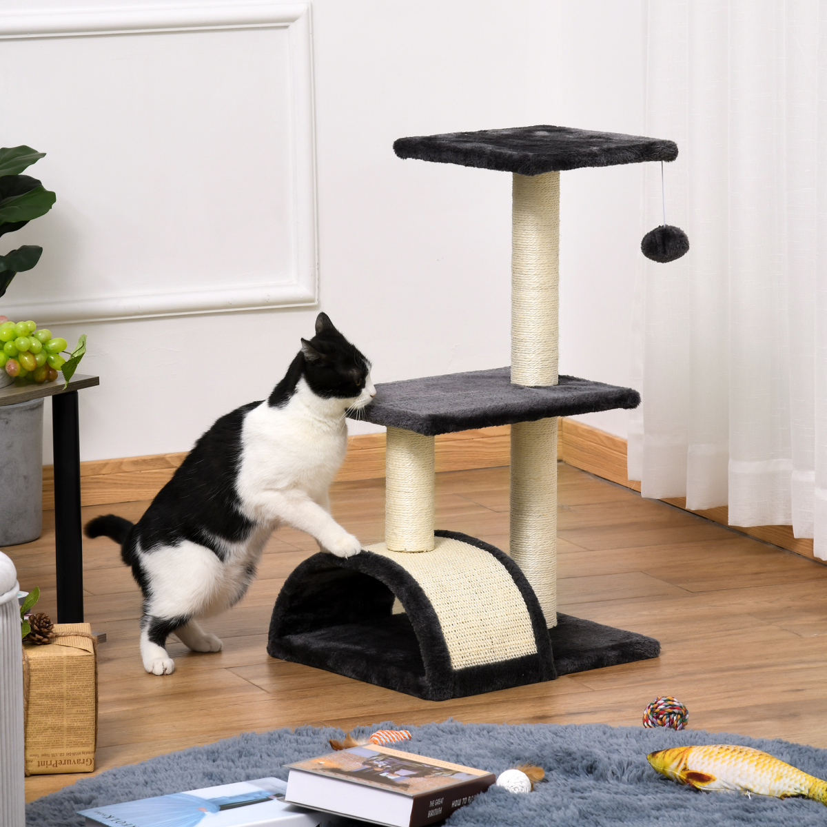 Pawhut Three-Tier Cat Tree with Sisal Scratching Posts and Hanging Ball – Plush Indoor Activity Centre, Grey