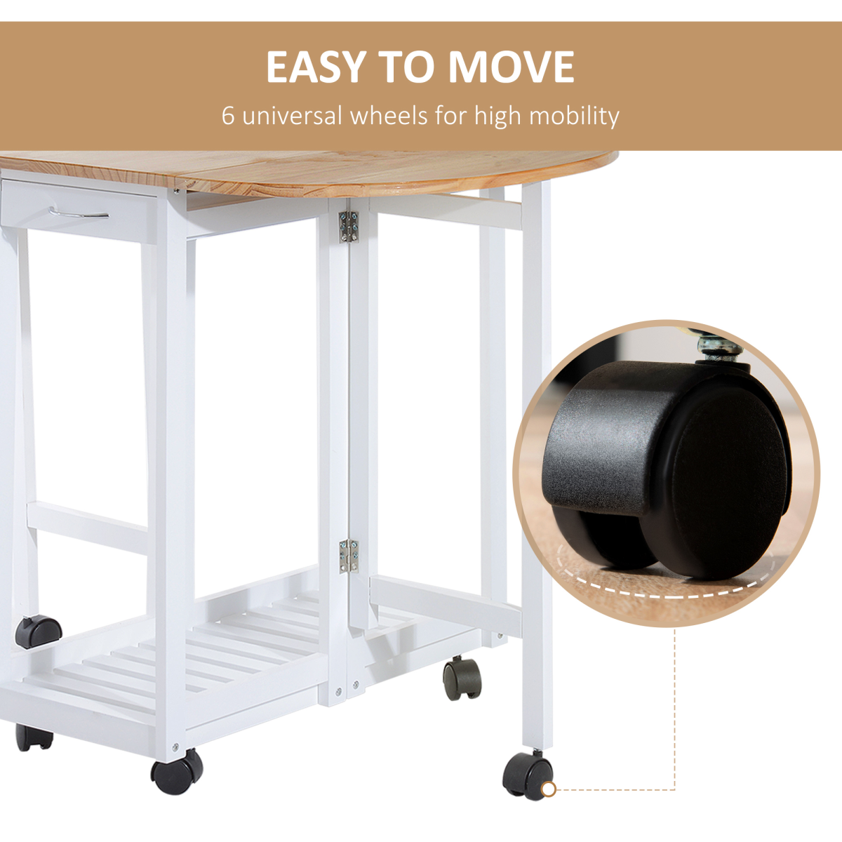 3-Piece Wooden Kitchen Cart with 2 Folding Stools, Drawers & Castor Wheels – Breakfast Bar Set for Small Kitchens