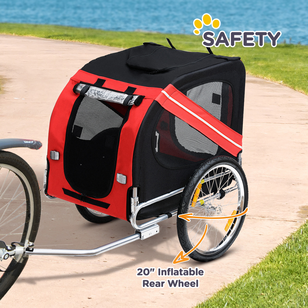 Pawhut Pet Bicycle Trailer with Hitch Coupler, Mesh Windows & Water-Resistant Cover – Dog Bike Carrier, Red