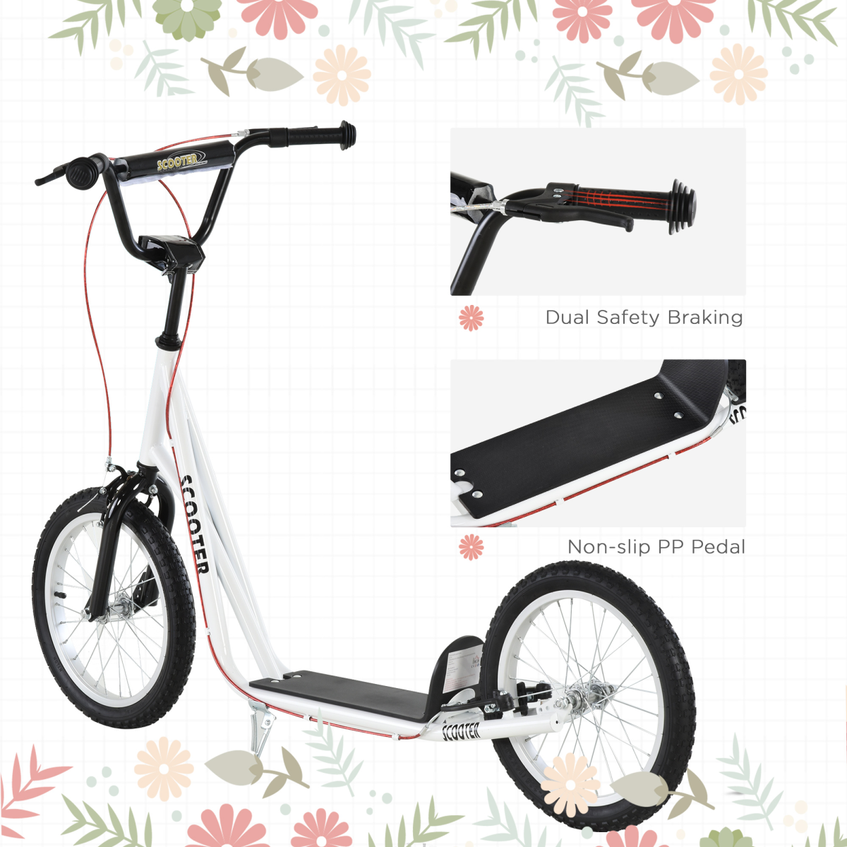 HOMCOM Kids Kick Scooter with Adjustable Handlebar, Dual Brakes & Inflatable Rubber Tyres – Ages 5+