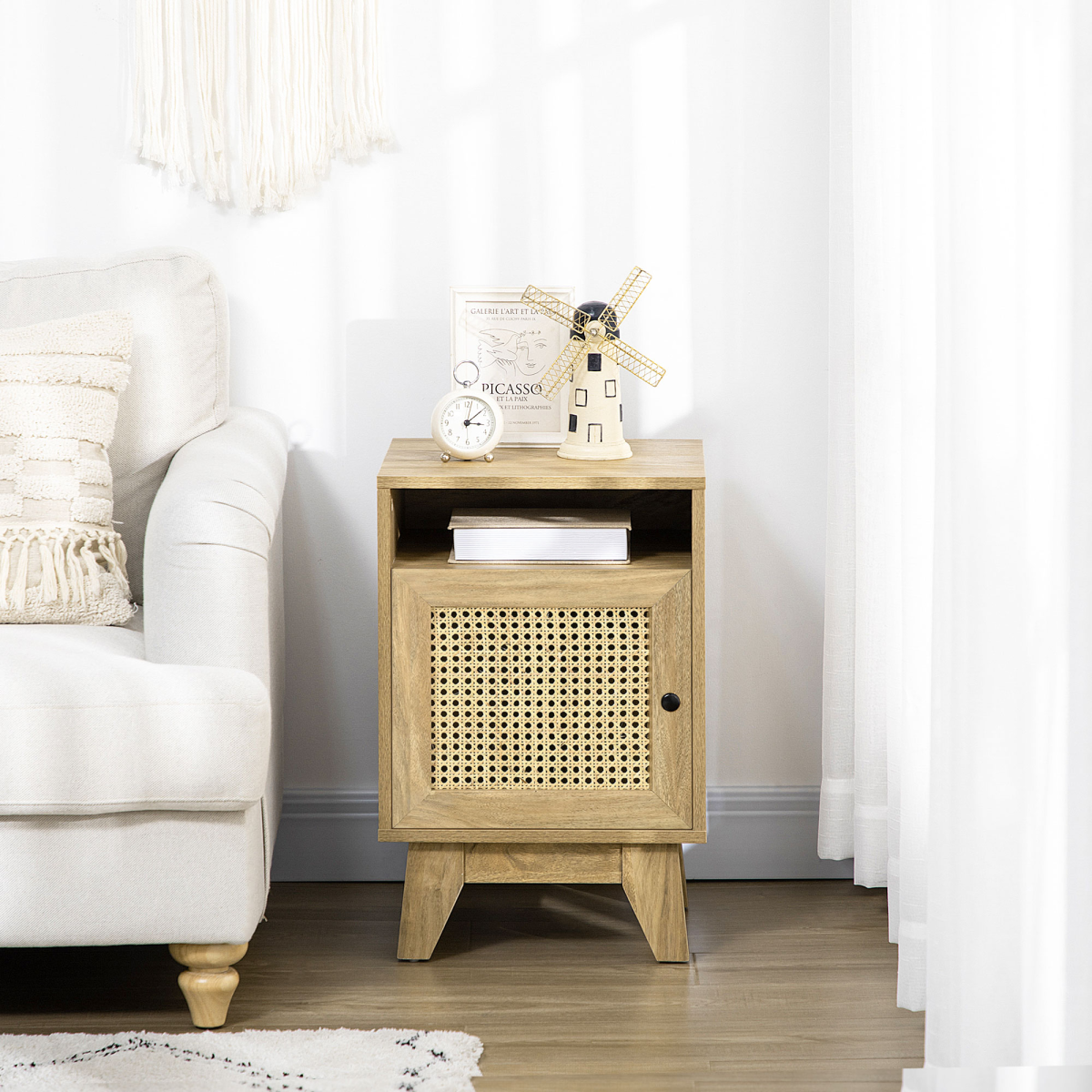 HOMCOM Bedside Table with Drawer and Shelf, Rattan Door Panel – Wood-Effect Nightstand, Anti-Tipping