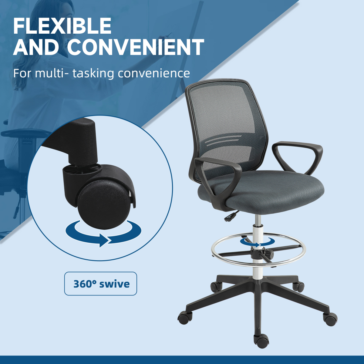 Vinsetto Draughtsman Chair Tall Office Chair with Adjustable Height and Footrest – Mesh Back, Grey