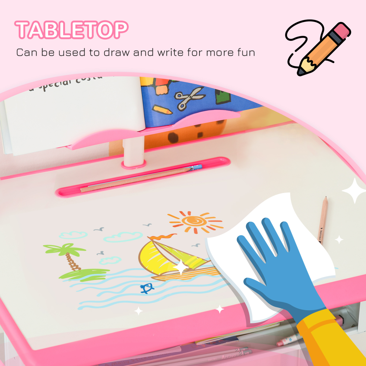 HOMCOM Kids Desk and Chair Set with Drawer, Book Stand & Cup Holder – Height Adjustable Study Table, Pink