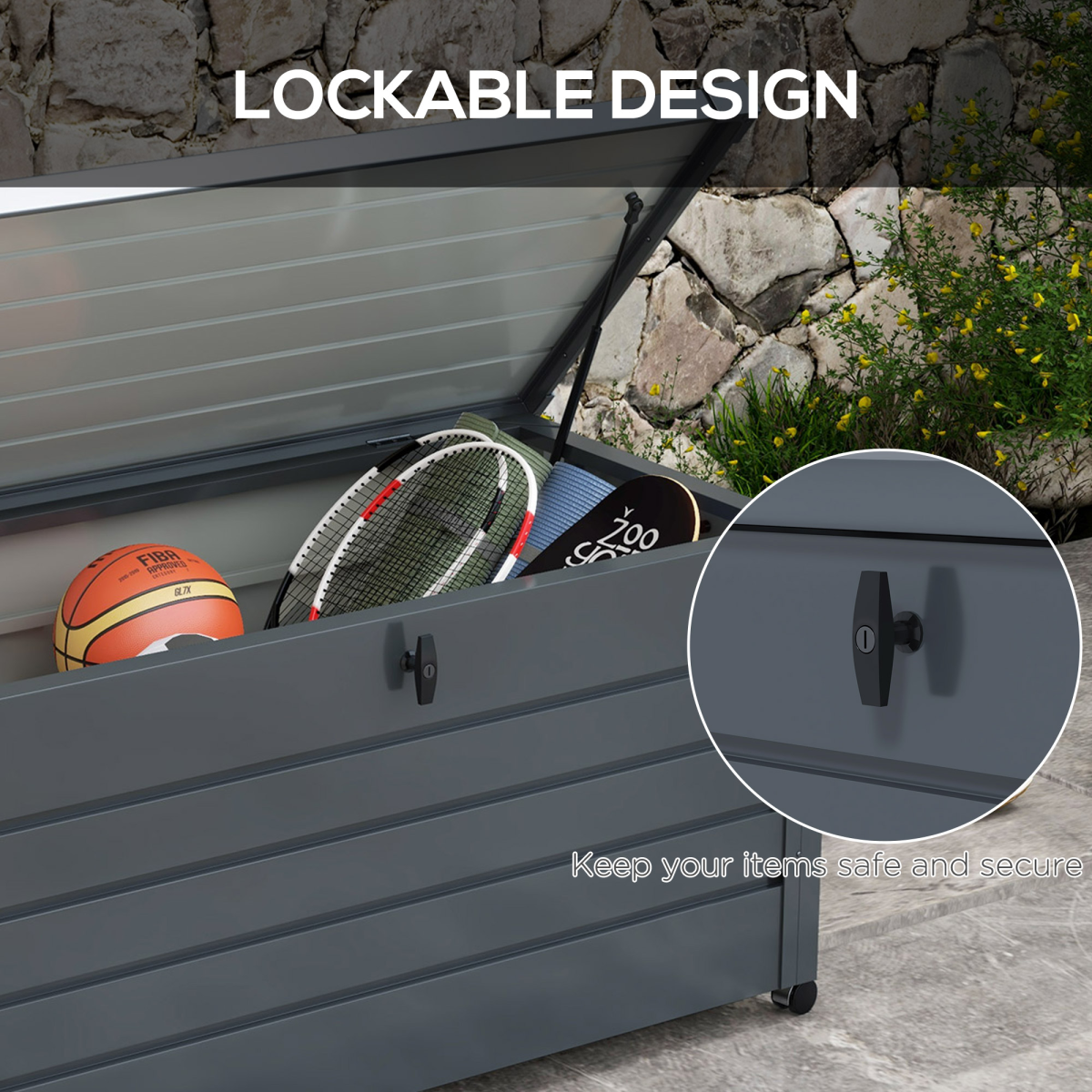 Outsunny 331L Outdoor Storage Box with Wheels, Lockable Lid & Galvanised Steel Frame – Garden Storage