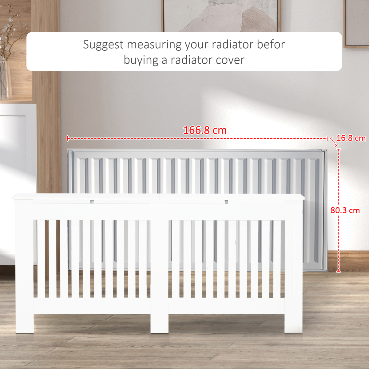 HOMCOM Slatted Radiator Cover with Top Shelf & Anti-Toppling System – Painted MDF Cabinet, 172cm