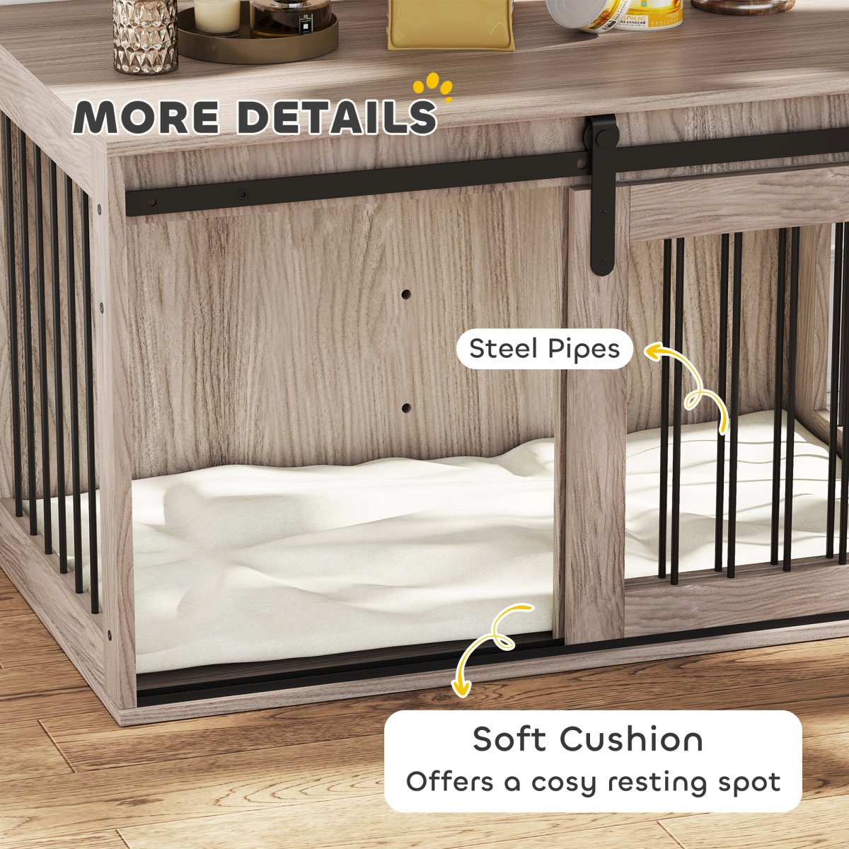 PawHut Dog Crate Furniture with Removable Cushion for Large Dogs – Side Table Cage, Brown