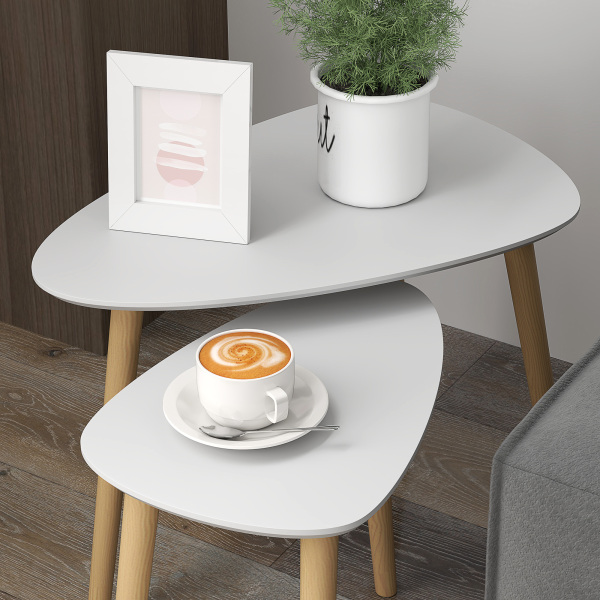 HOMCOM Side Table Set of 2 – Modern Nesting End Tables with Solid Wood Legs, Light Grey and Natural