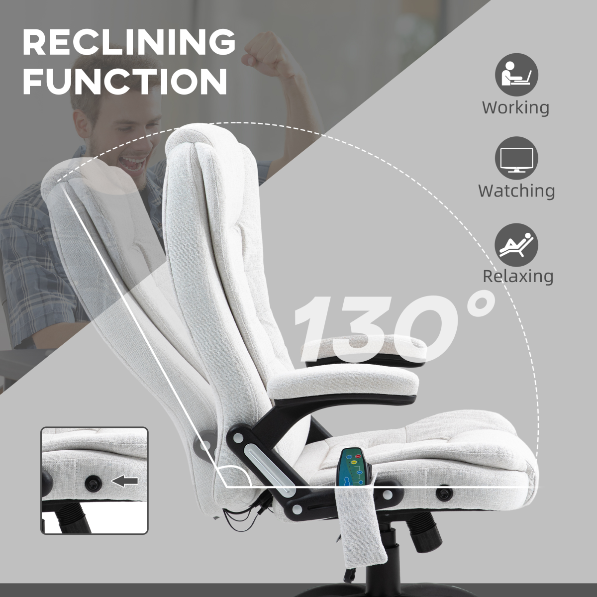 Vinsetto Reclining Office Chair with Heated Massage Points and Remote – Linen-Look Computer Chair, Cream White