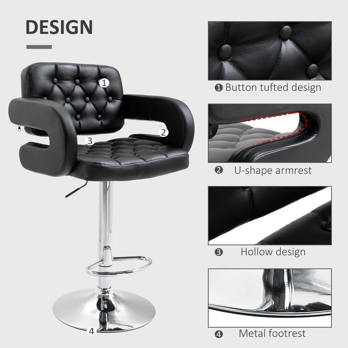 HOMCOM Adjustable Height Swivel Bar Stool with High Back, Arms and Footrest – Tufted PU Leather Kitchen Counter Chair