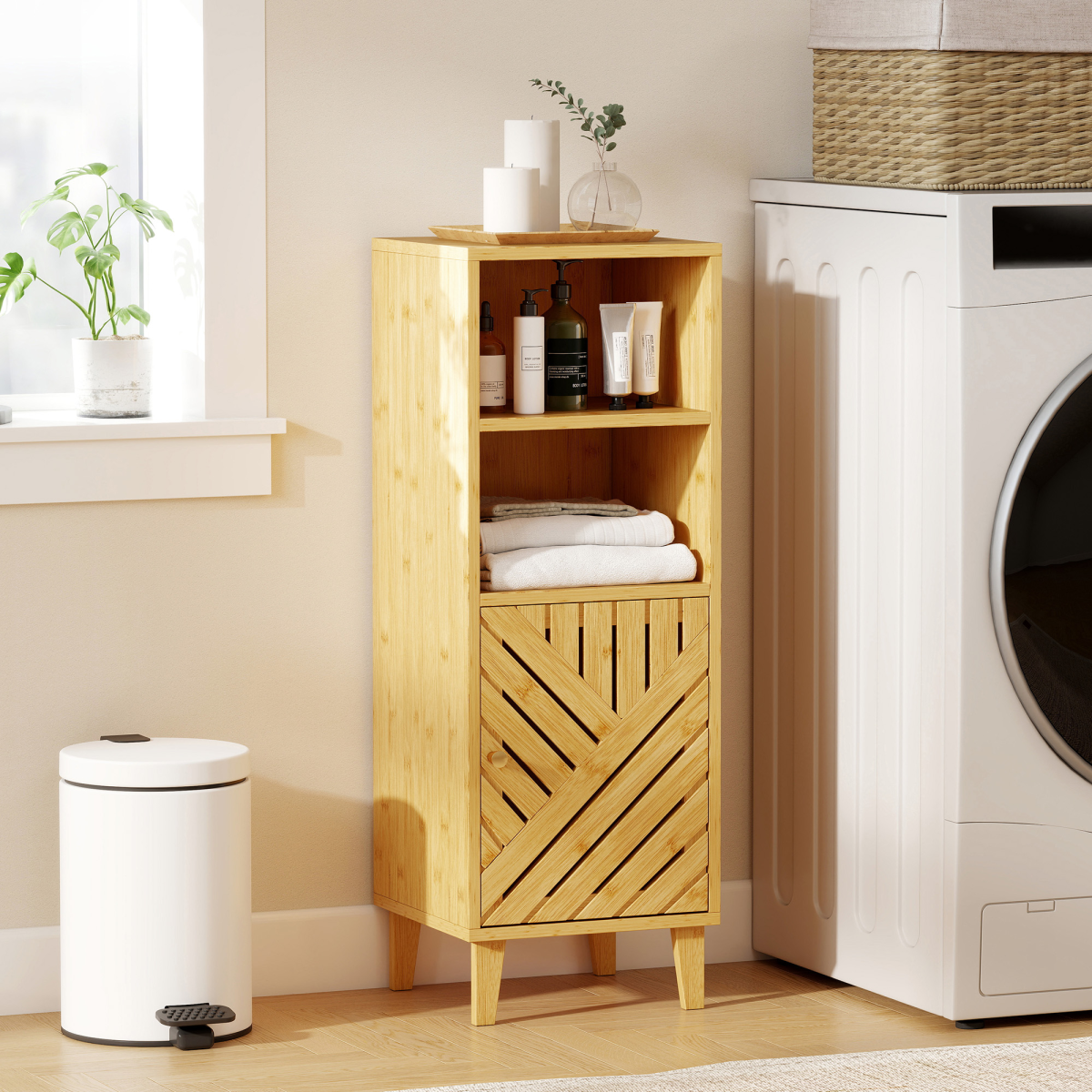 HOMCOM Narrow Bathroom Storage Cabinet with Open Compartments & Bamboo Door – Slim Floor Cabinet, Natural