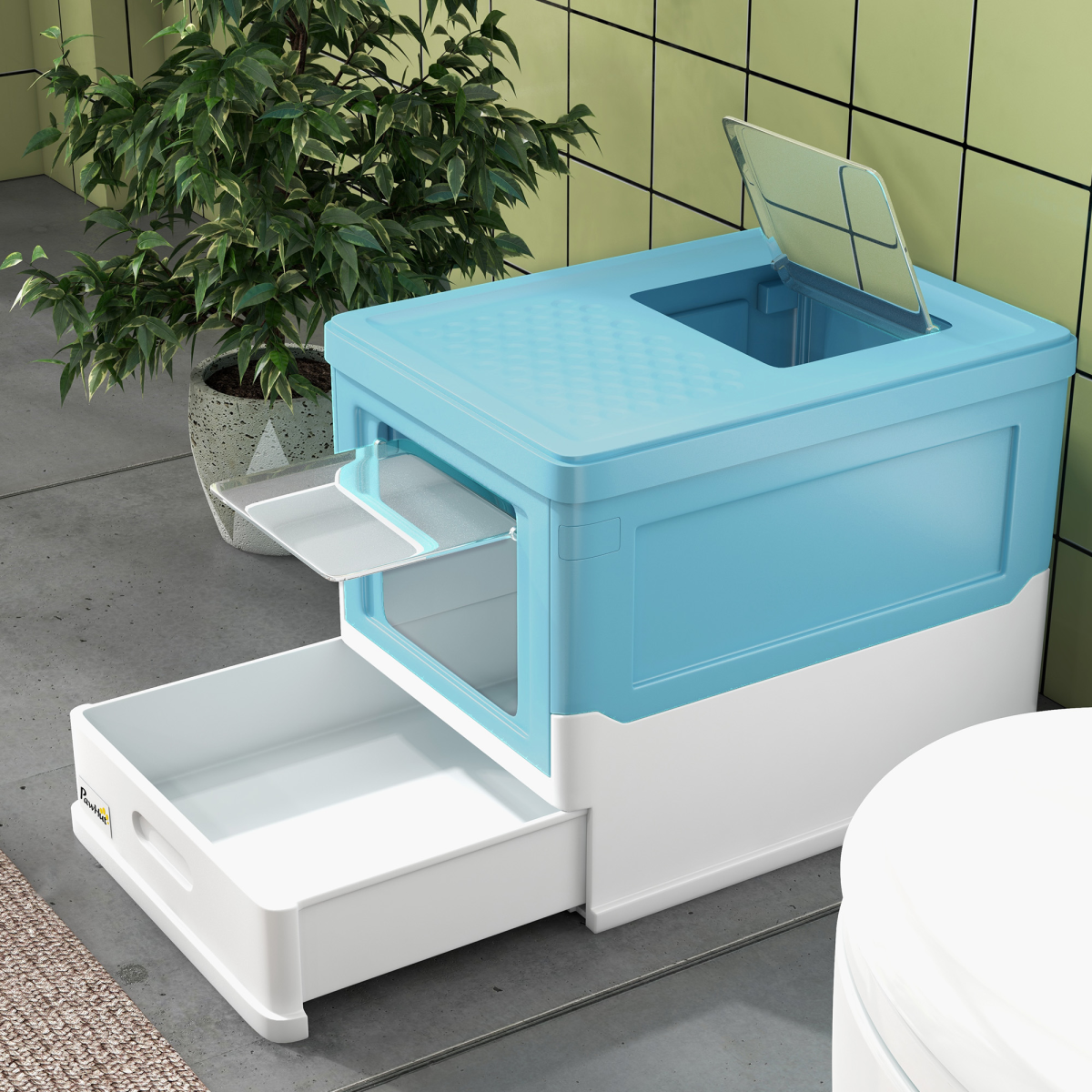 PawHut Hooded Cat Litter Box with Top Exit, Scoop & Removable Tray – Enclosed Pet Toilet, Light Blue
