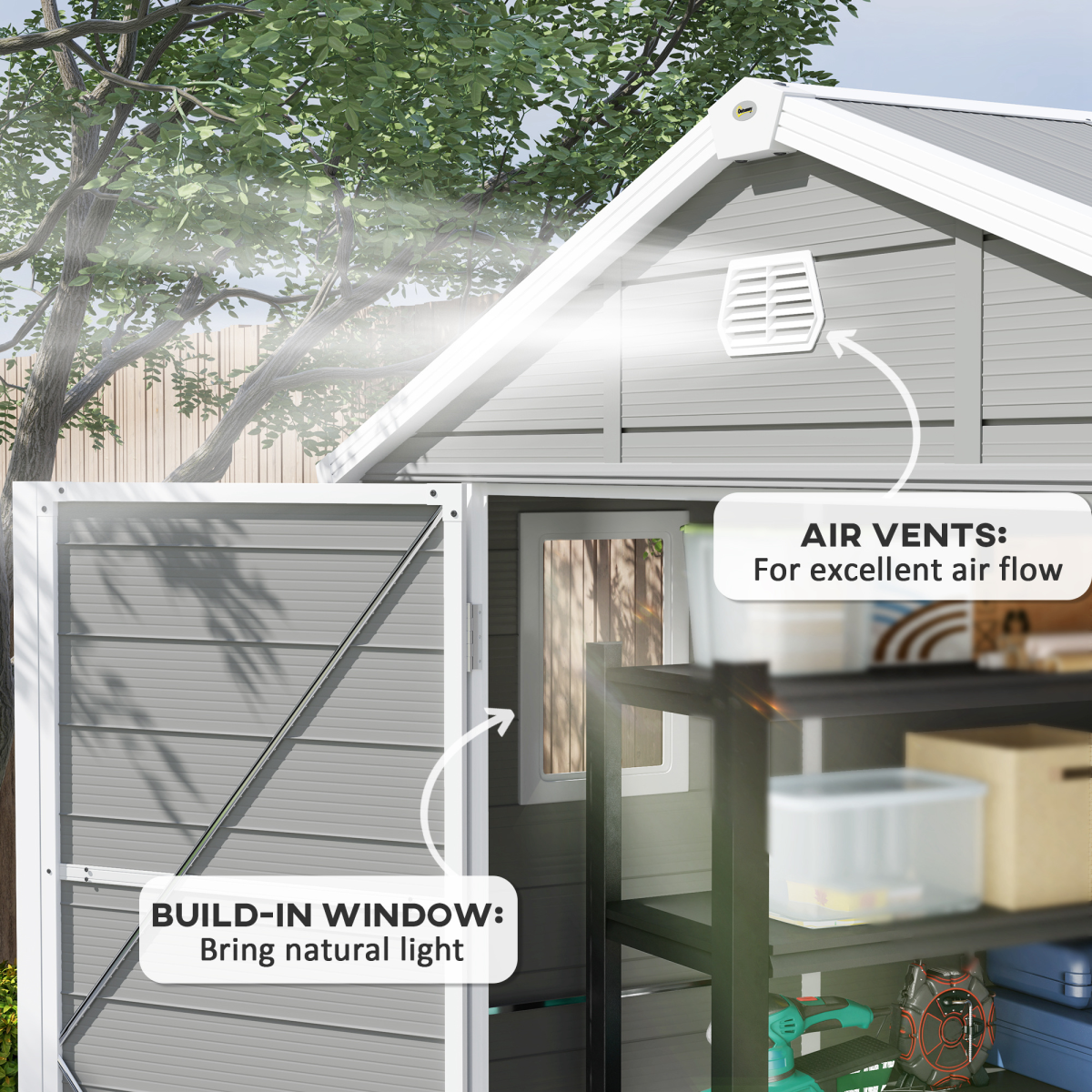 Outsunny 8x6ft Garden Shed with Galvanised Foundation Kit, Vents & Window – Lockable Aluminium Frame Storage, Light Grey