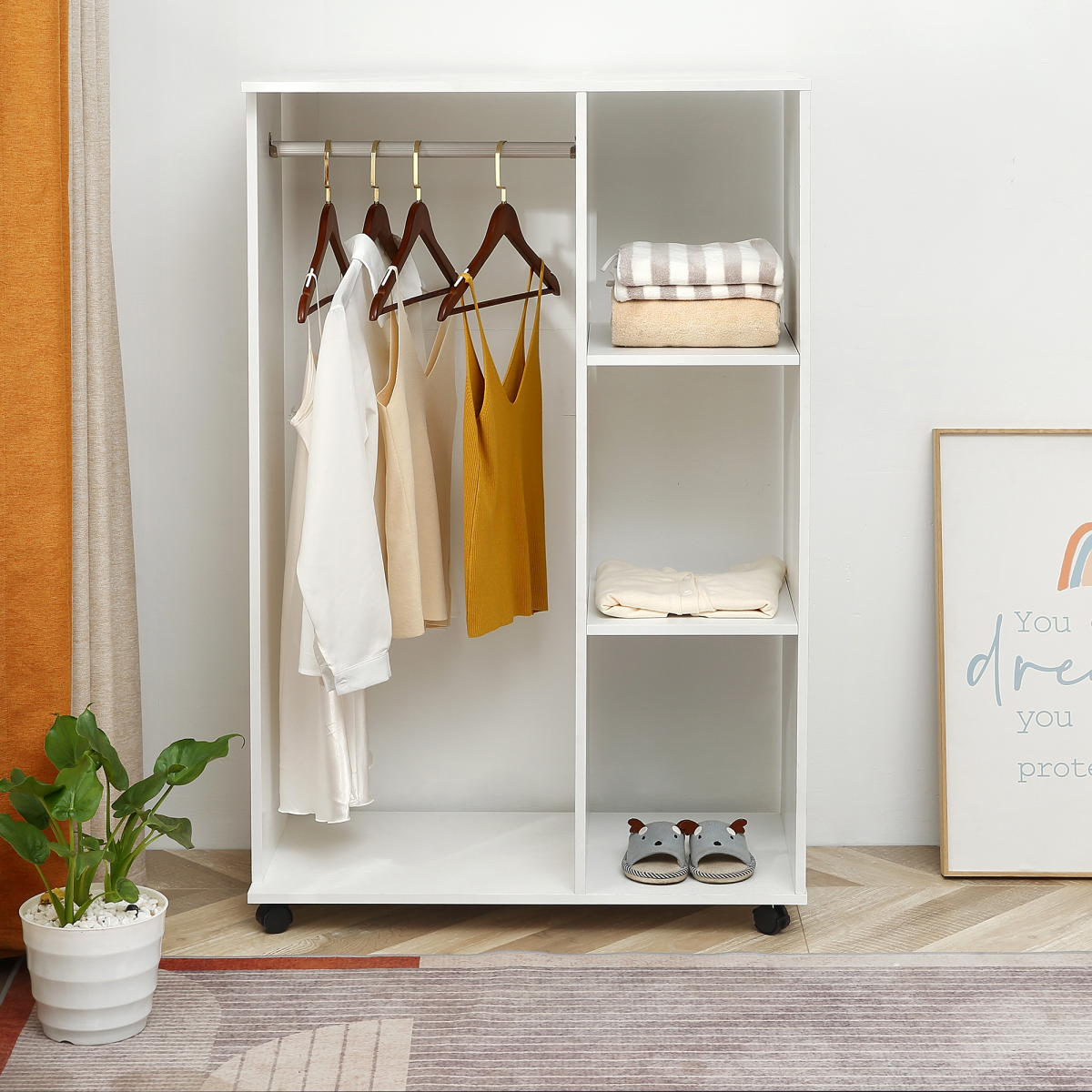 White Open Storage Wardrobe with Shelves & Hanging Rail – Bedroom Clothes Storage