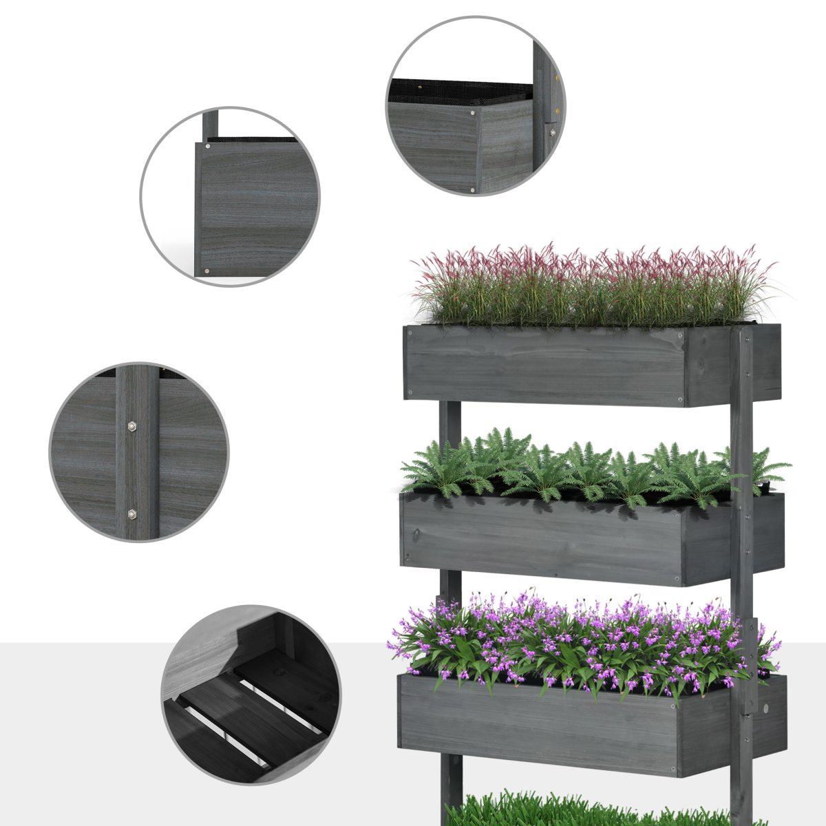 Outsunny Four-Tier Wooden Raised Garden Bed Plant Stand with Fabric Liners – Flower Display, Grey