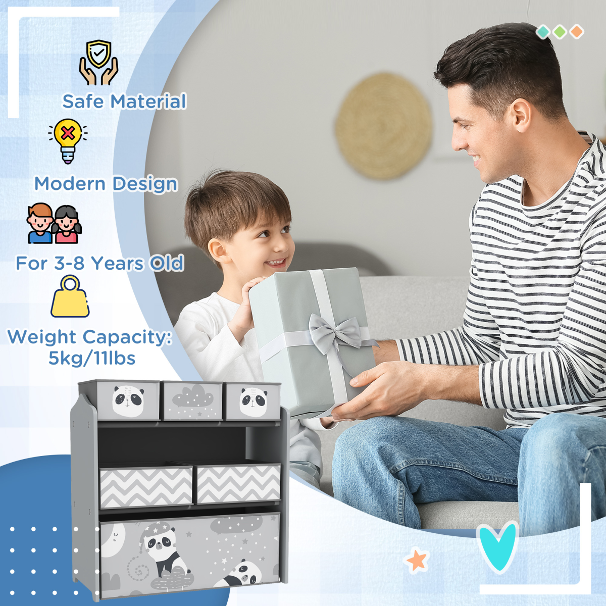 ZONEKIZ Kids Storage Unit with 6 Boxes – Toy Storage Organiser for Ages 3-8, Grey