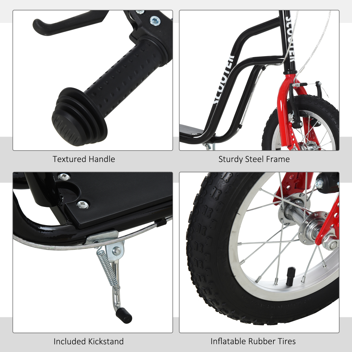 HOMCOM Kids Kick Scooter with Inflatable Wheels & Rear Brake – Adjustable 75–80cm Handlebar, Black