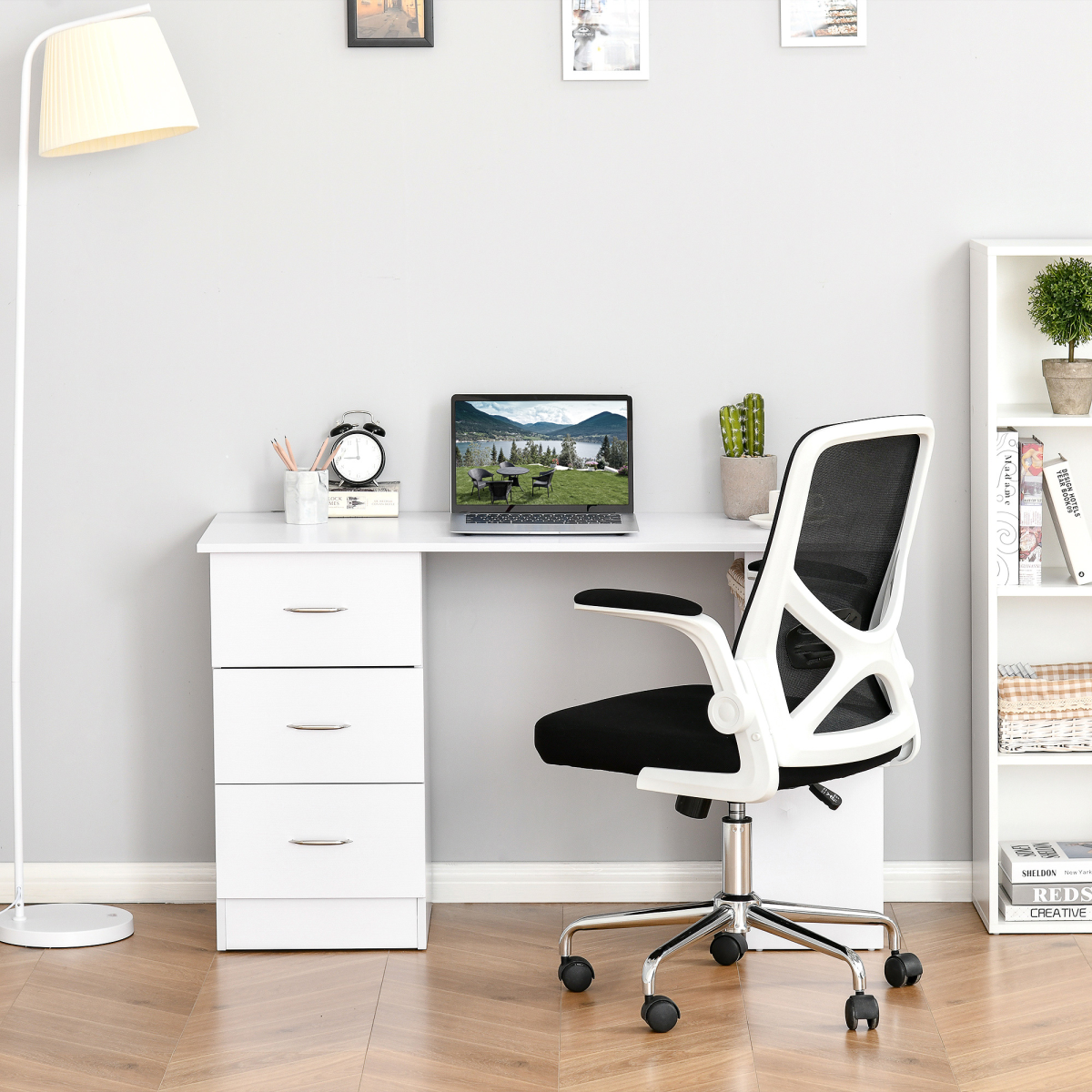 120cm Computer Desk with 3 Shelves & Drawers – Home Office Workstation, White