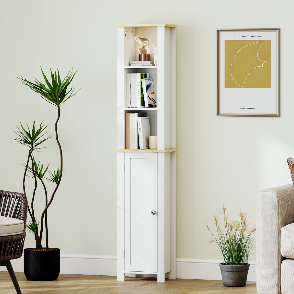 kleankin Slim Bathroom Storage Unit with Open Compartment and Adjustable Shelf – Narrow Cabinet, White