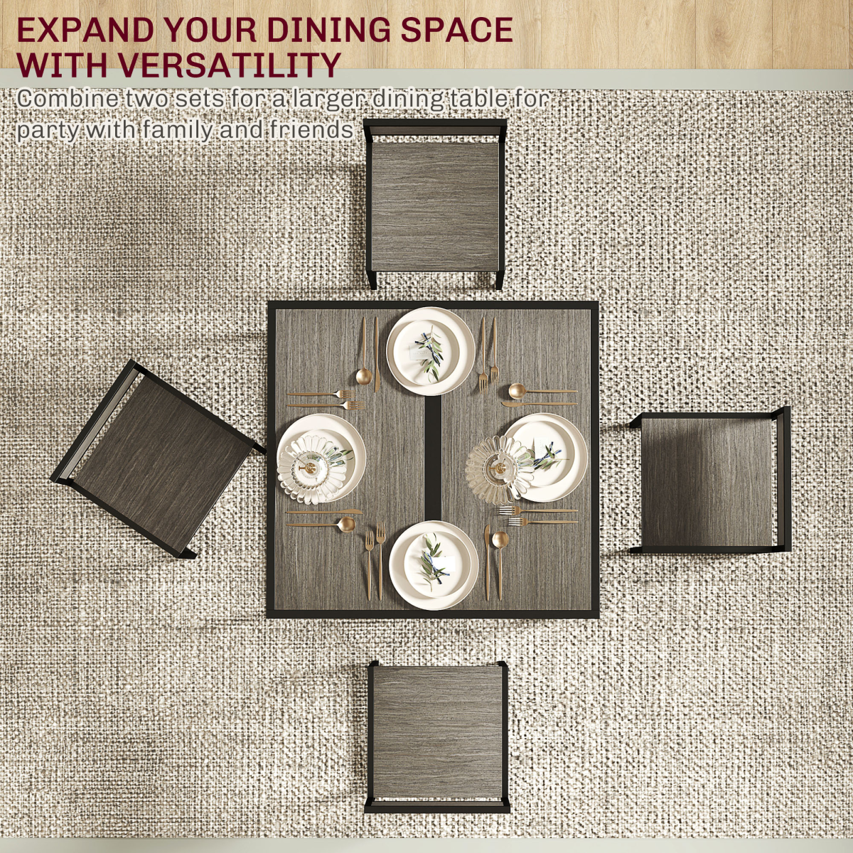 HOMCOM 3 Piece Dining Table Set with Two Stools and Steel Frame – Industrial Kitchen Table, Grey Wood-Effect