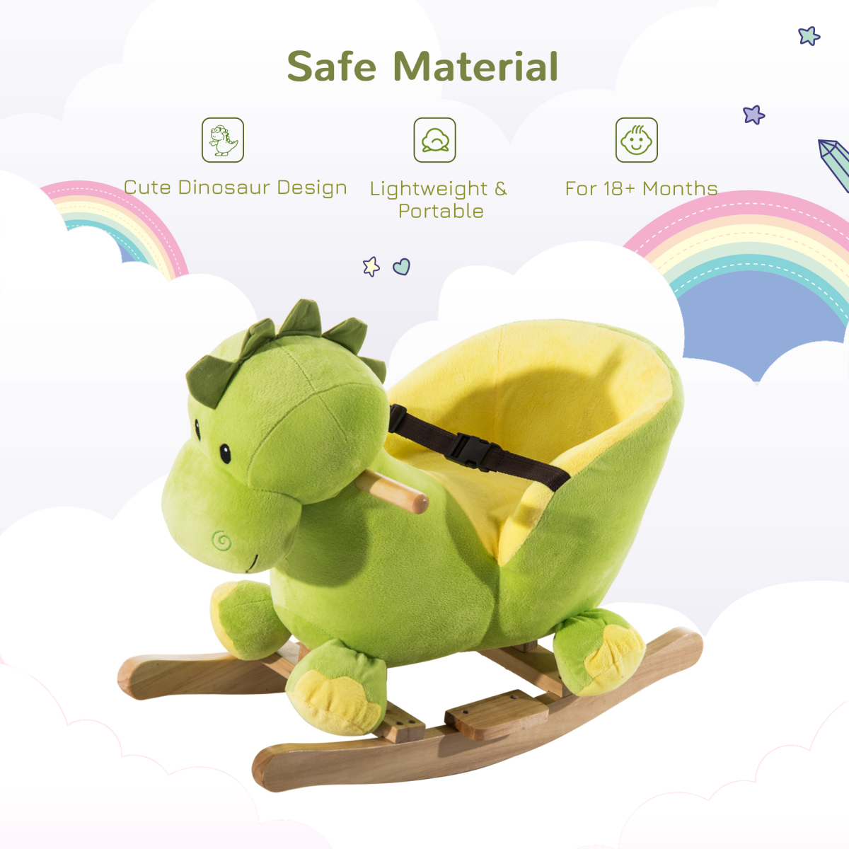 HOMCOM Kids Rocking Horse with 32 Songs, Plush Finish & Poplar Wood Frame – Ride-On Toy for Ages 18+ Months, Green