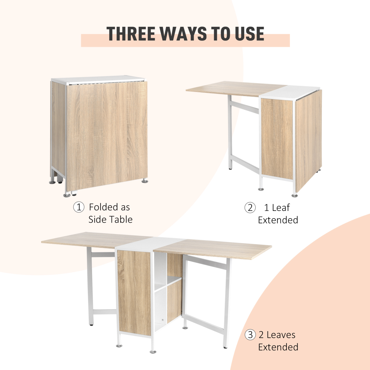 Folding Drop-Leaf Desk with Storage Shelves – Oak & White Space-Saving Desk, Dining or Console Table