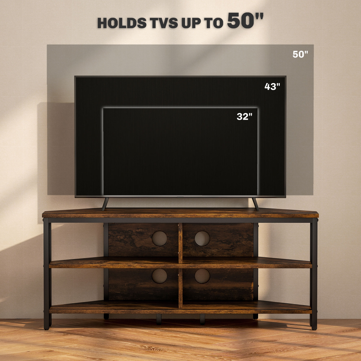 HOMCOM Corner TV Stand for TVs up to 50" with Four Open Shelves – Space-Saving Media Unit, Rustic Brown