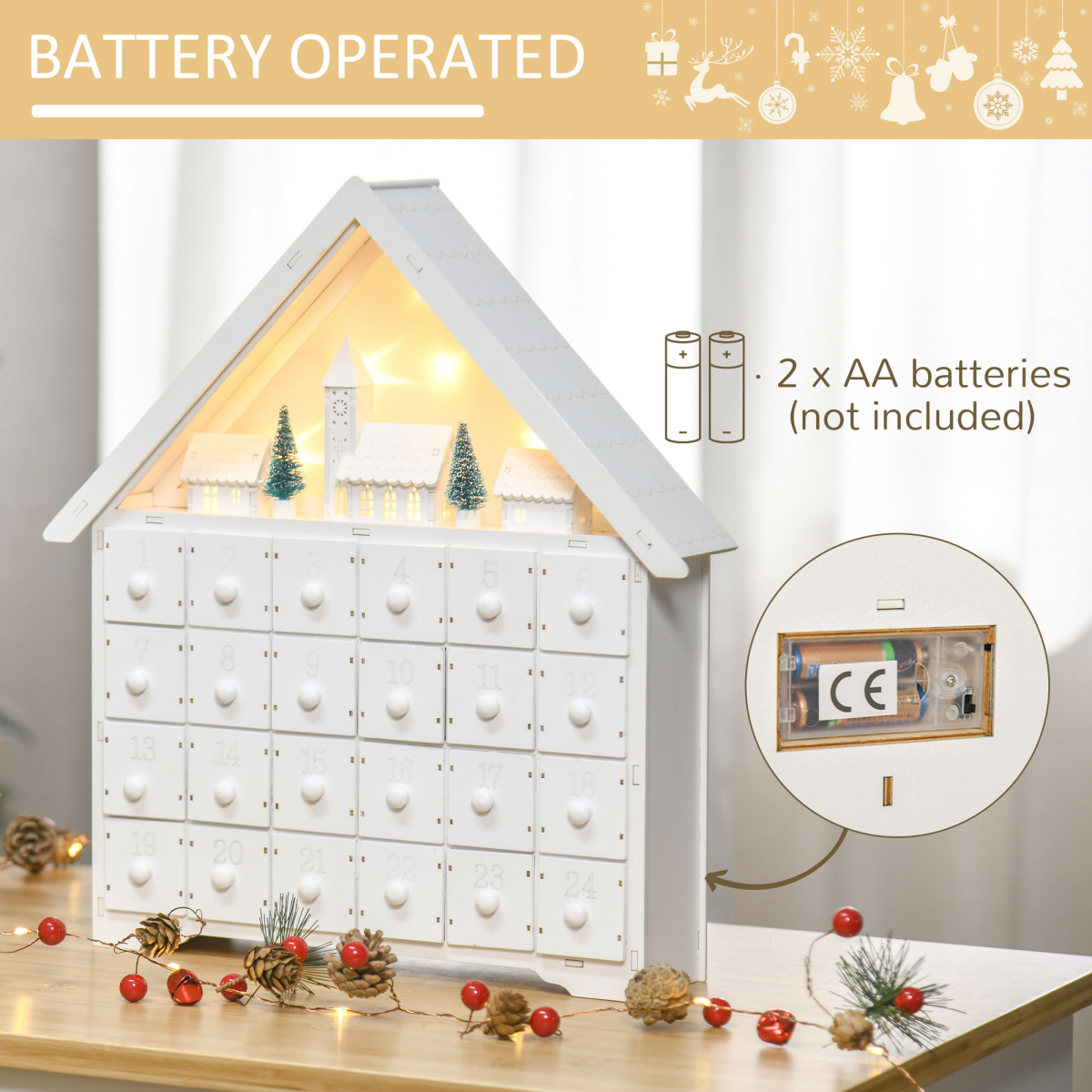 HOMCOM 24-Drawer Wooden Christmas Advent Calendar with LED Lights – Light-Up Countdown, White