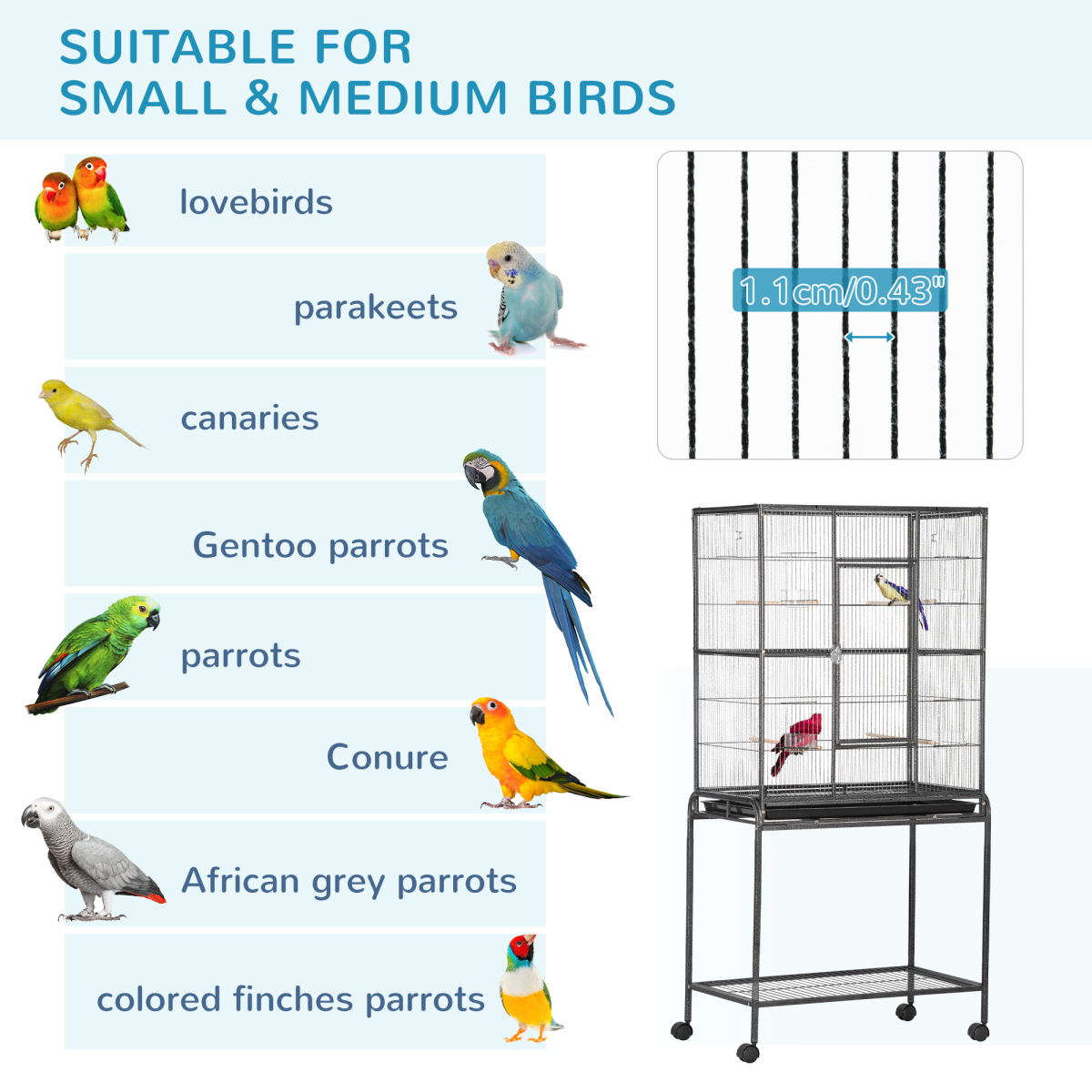 Pawhut Rolling Bird Cage with Detachable Stand, Storage Shelf, Wooden Perches & Food Containers