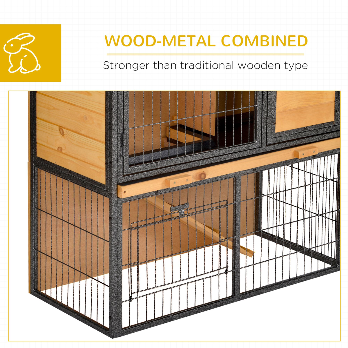 PawHut Wood-Metal Rabbit Hutch with Run, Ramp & Pull-Out Tray – Elevated Outdoor Pet House, 89.5cm