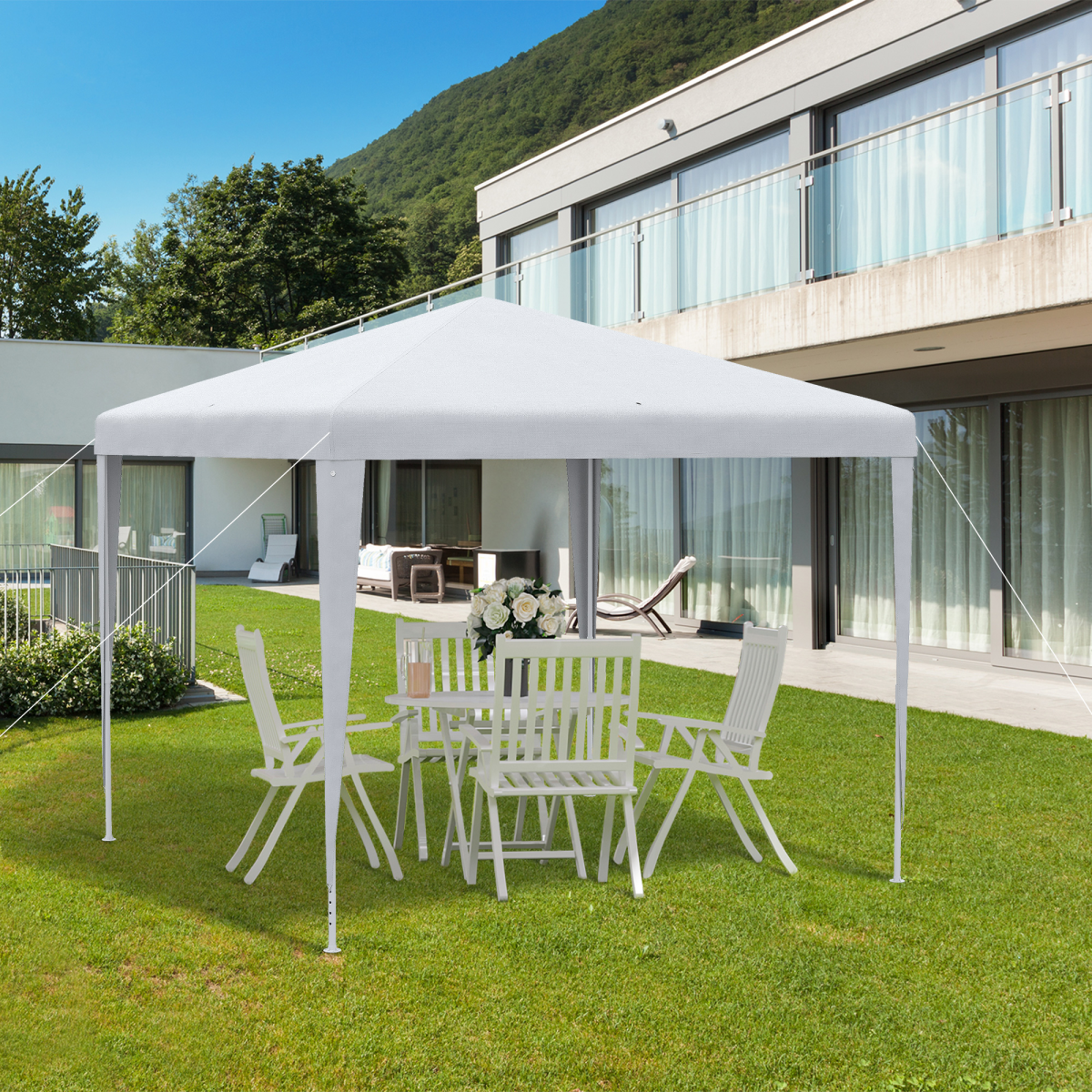 Outsunny 2.7 x 2.7m Garden Gazebo Marquee with Steel Frame, Guy Ropes & Ground Stakes – Party Tent, White