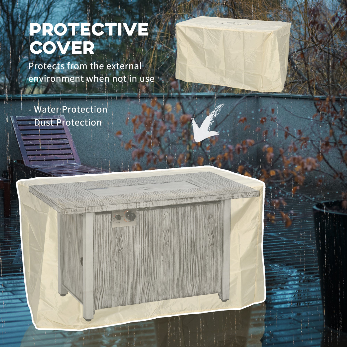 Outsunny 50,000 BTU Propane Gas Fire Pit Table with Waterproof Cover and Glass Screen, Wood-Effect Grey