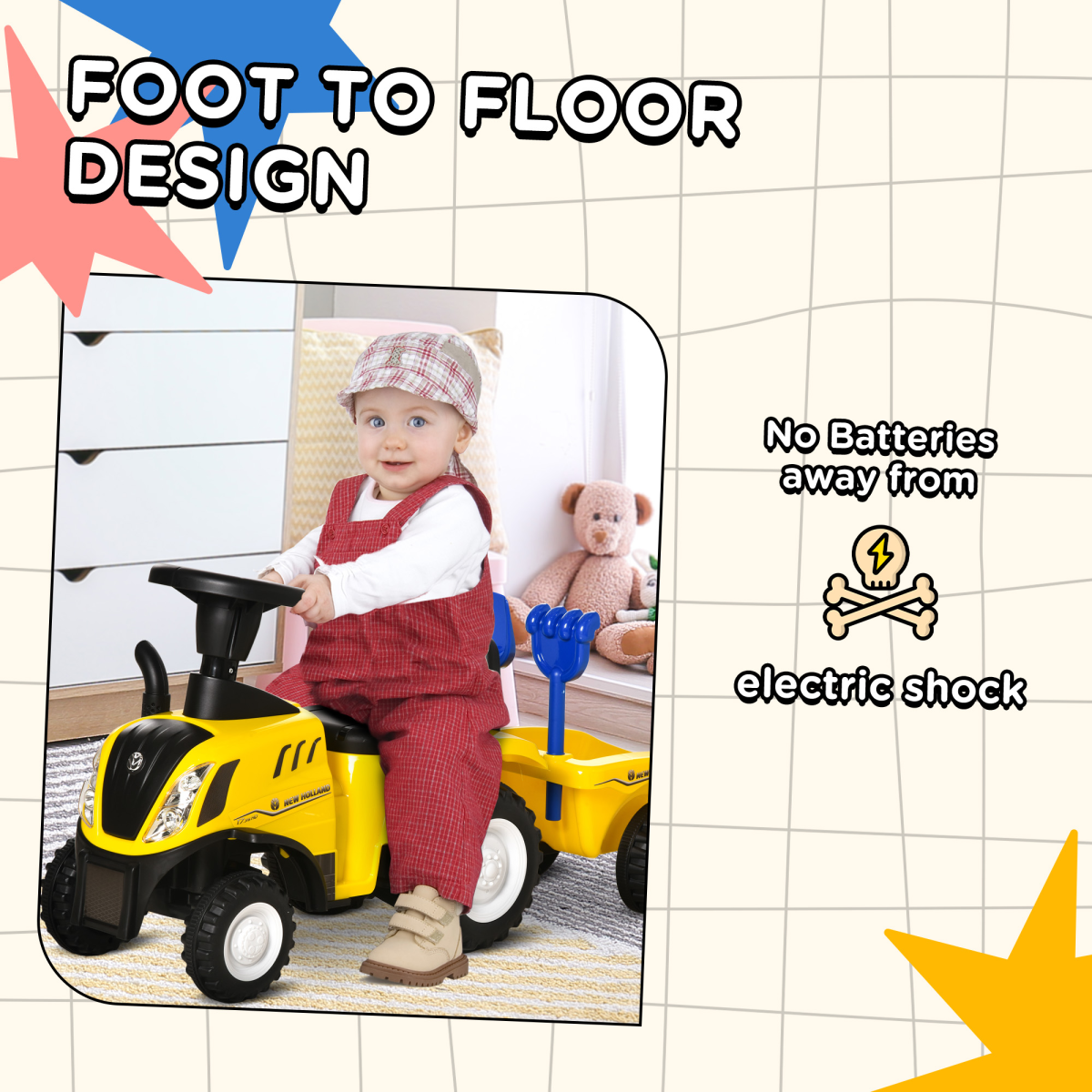HOMCOM Ride-On Tractor Toddler Walker with Horn, Headlights & Storage Box – Foot-to-Floor Slider, Yellow