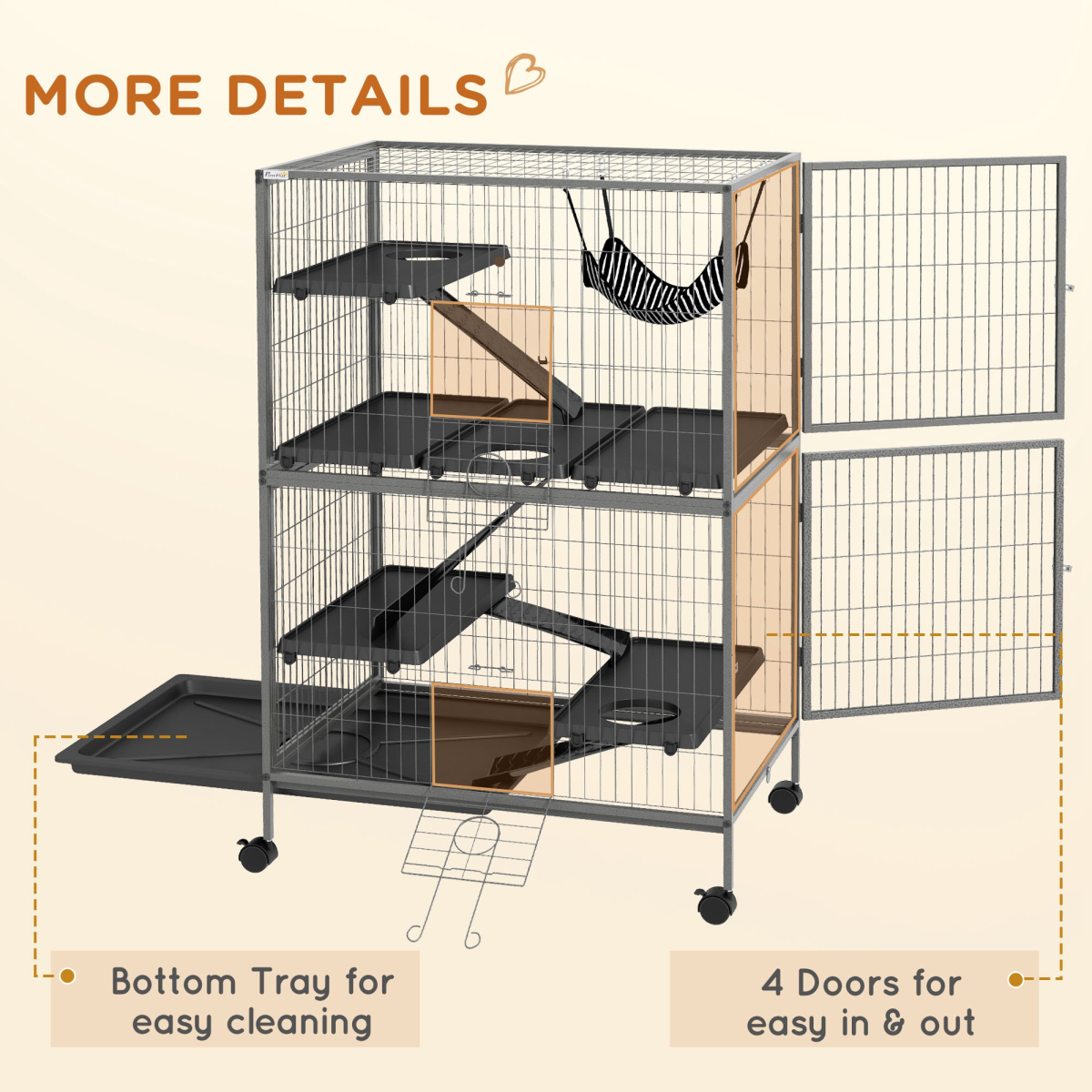 PawHut Multi-Level Small Animal Cage on Wheels with Hammock & Tray – Chinchilla, Ferret & Kitten Habitat, Grey