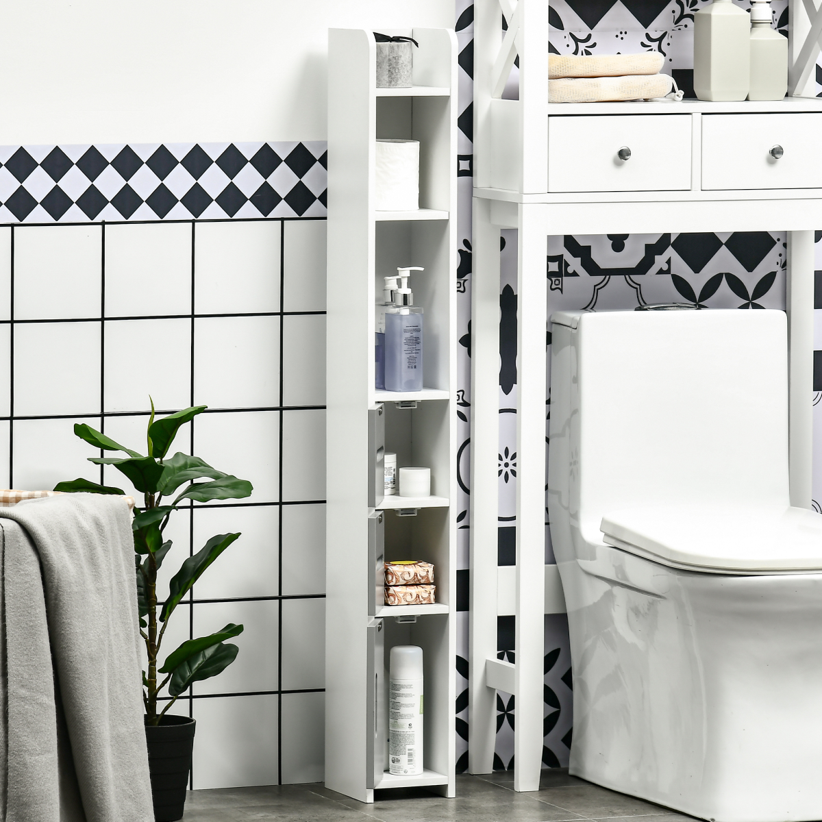 kleankin Freestanding Tall Bathroom Cabinet with Open Shelves and 3 Cupboards – Narrow Storage Organiser, Grey