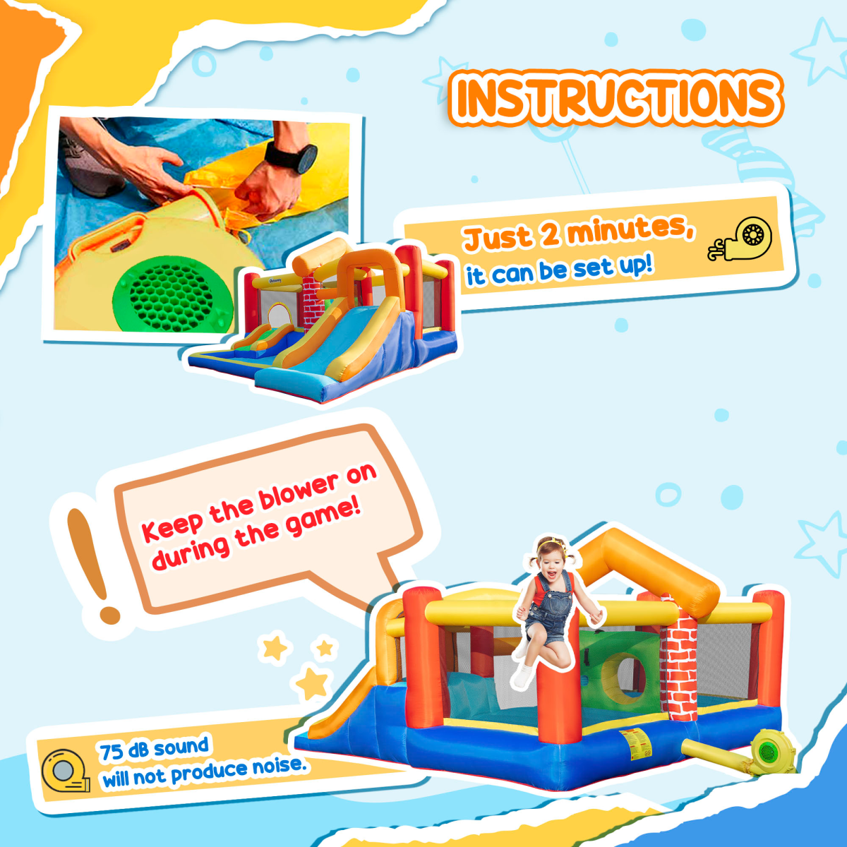 Kids Bouncy Castle with Double Slides, Splash Pool & Two Trampolines – Garden Inflatable with 450W Blower