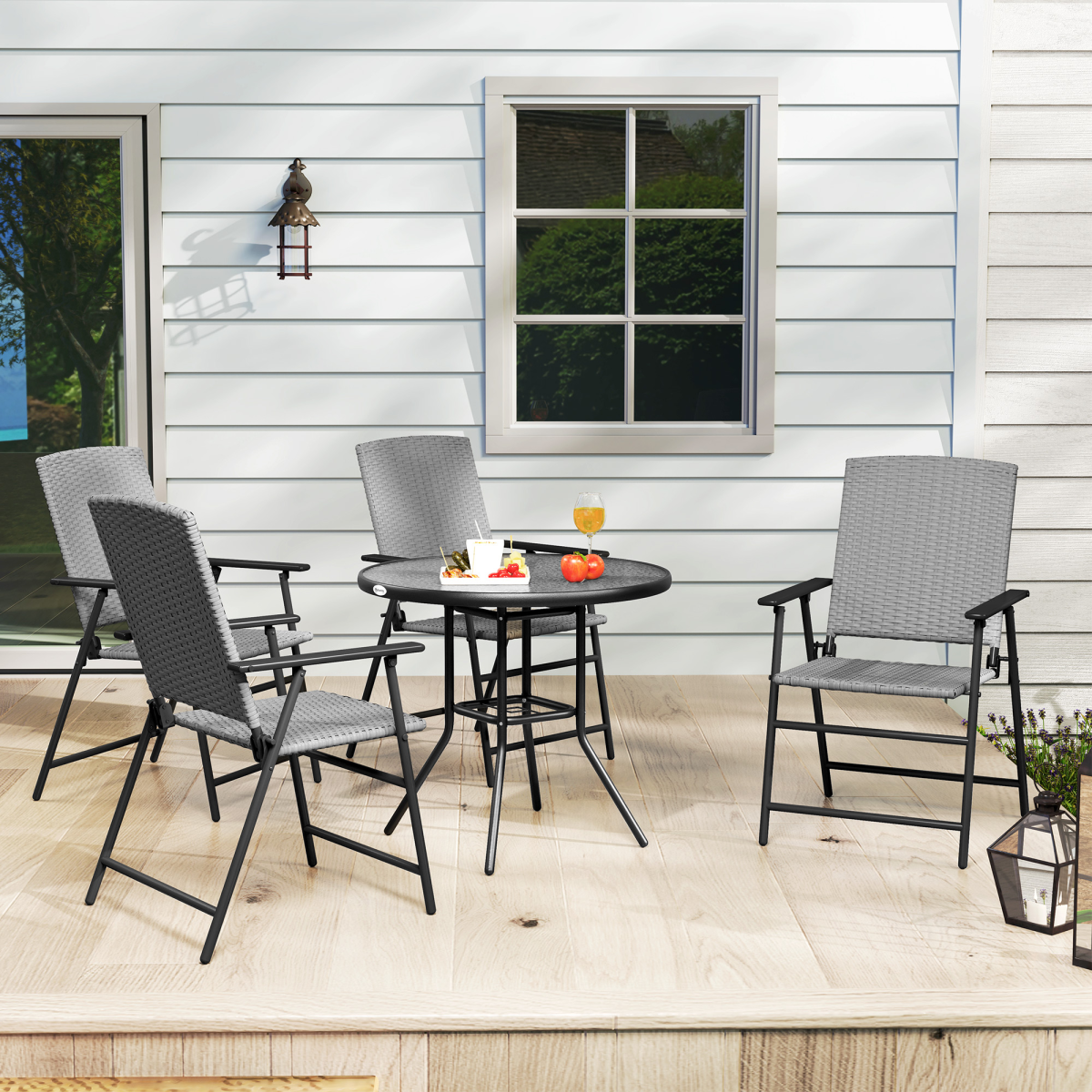 Outsunny Set of 4 Foldable Rattan Garden Chairs with Armrests and Steel Frame – Patio Seating, Grey
